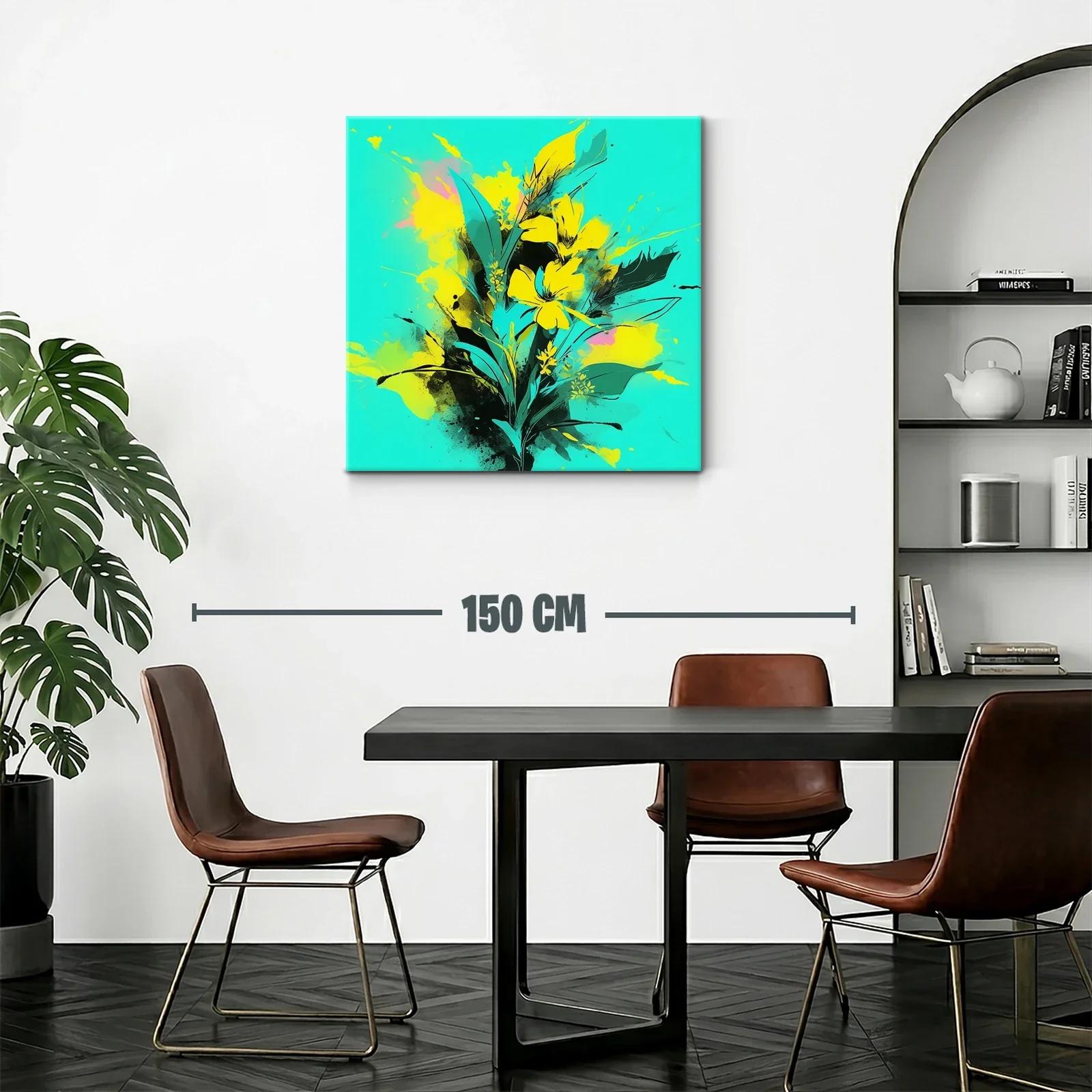 Cuadro moderno con flores amarillas vibrantes y fondo turquesa — miniatura 2