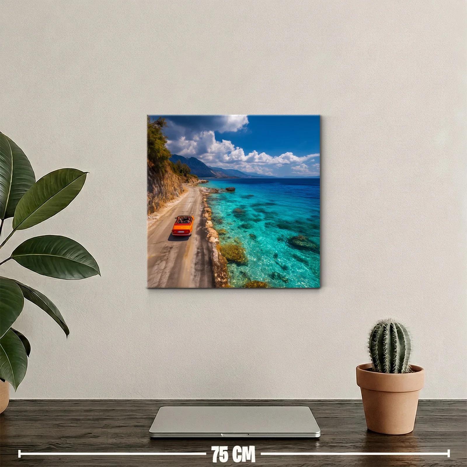 Paisaje costero con coche rojo y mar turquesa brillante — miniatura 2