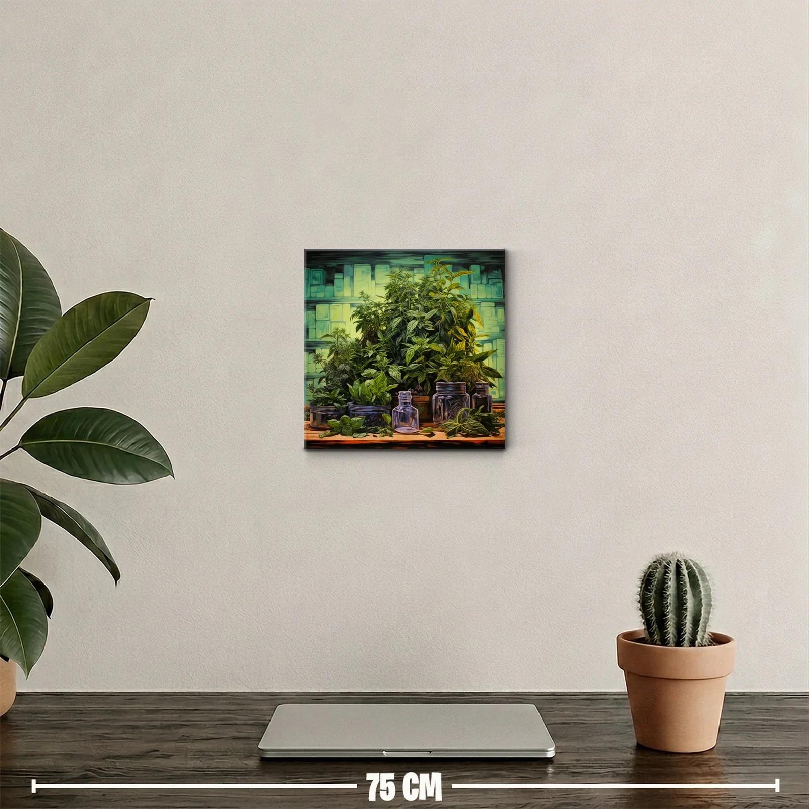 Cuadro decorativo con plantas y frascos de cristal sobre mesa — miniatura 2