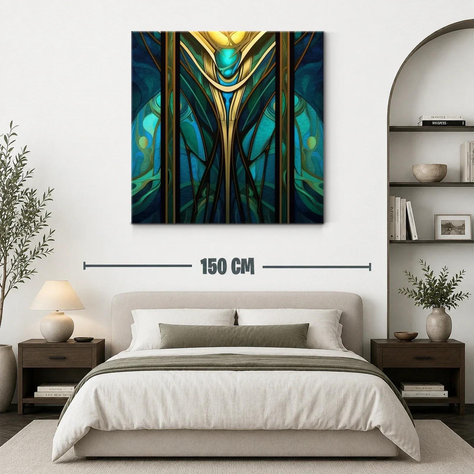 Cuadro abstracto con motivos dorados y turquesas vibrantes — miniatura 3