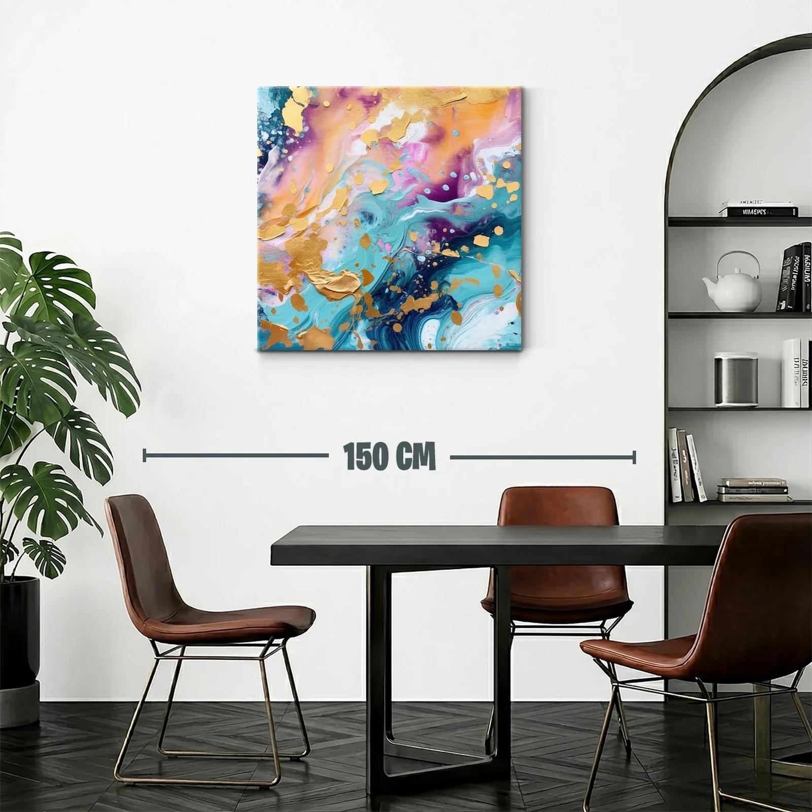 Cuadro abstracto con tonos dorados y vibrantes azules — miniatura 2