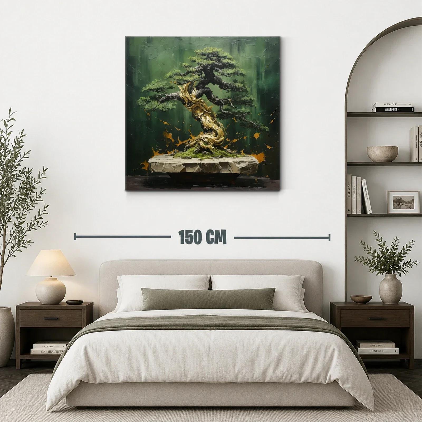 Cuadro árbol bonsái con tonos verdes y dorados — miniatura 3