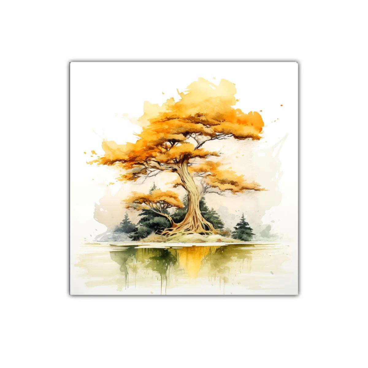 Árbol otoñal con reflejo sereno en tonos cálidos y verdes — miniatura 1