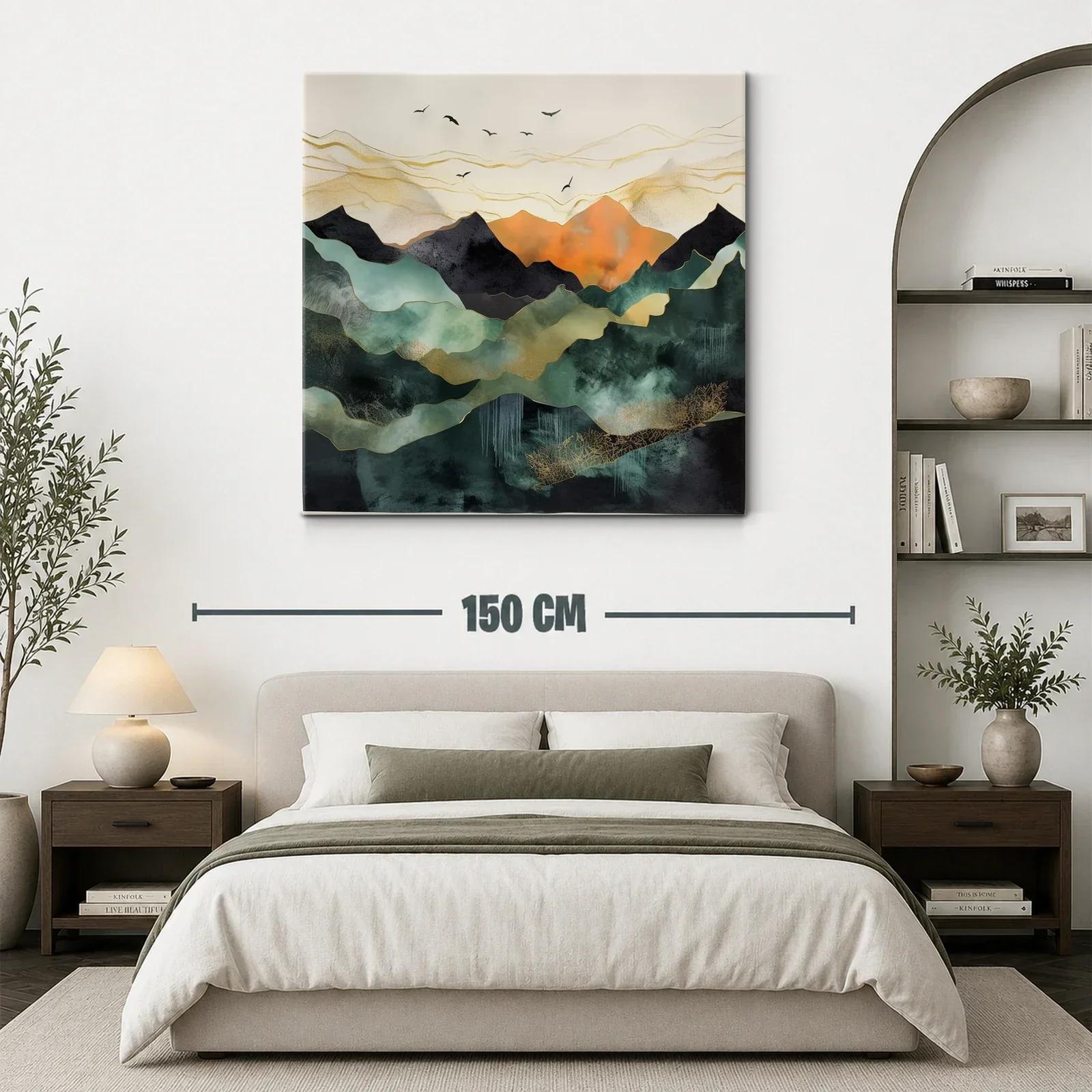 Paisaje abstracto con montañas y aves en tonos cálidos — miniatura 3