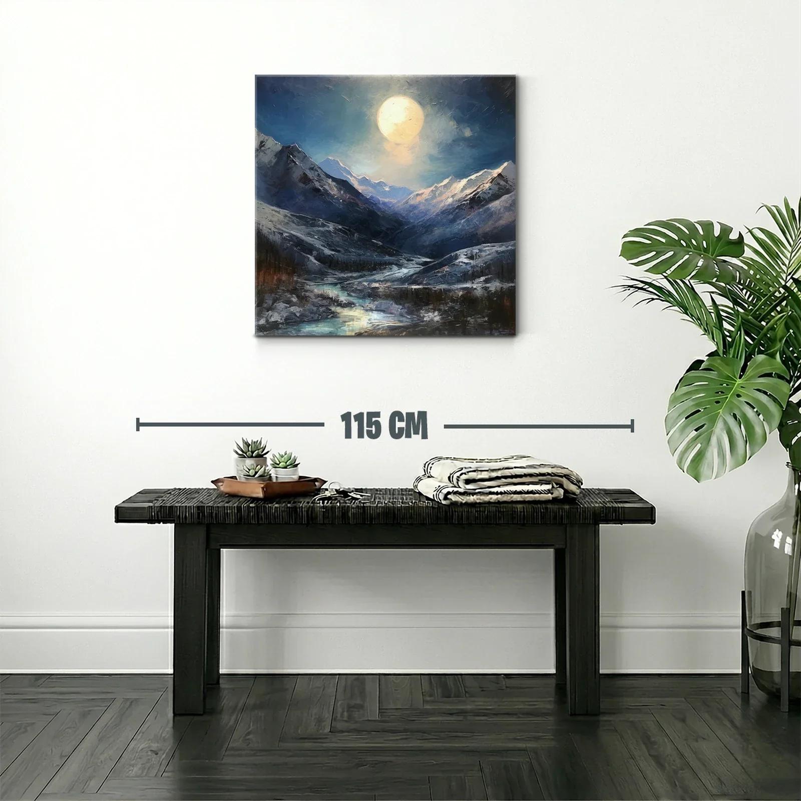Paisaje nocturno con montañas nevadas y luna llena brillante — miniatura 2