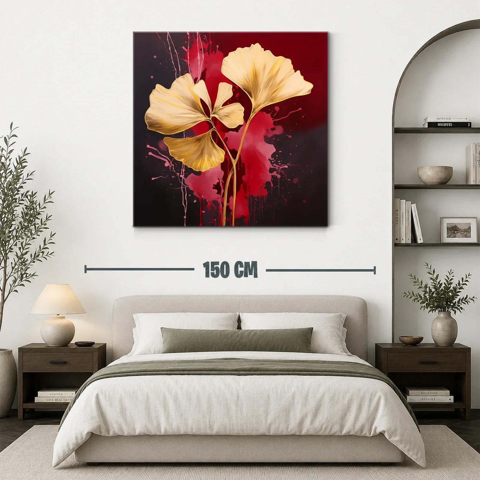 Elegancia dorada con hojas abstractas sobre fondo rojo intenso — miniatura 3
