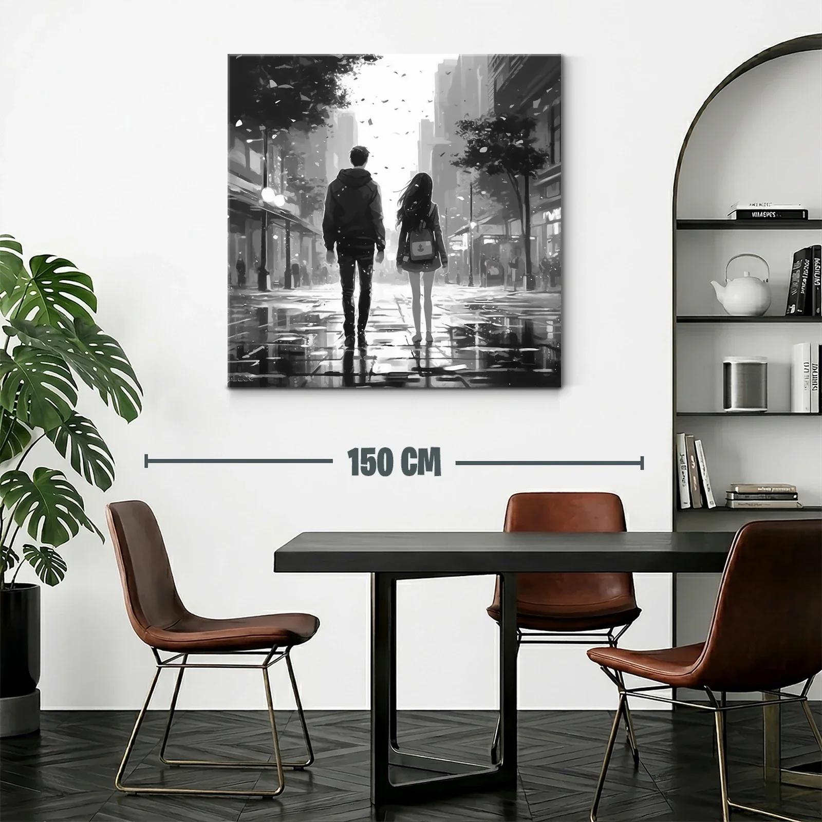 Pareja caminando en ciudad bajo lluvia suave en blanco y negro — miniatura 2