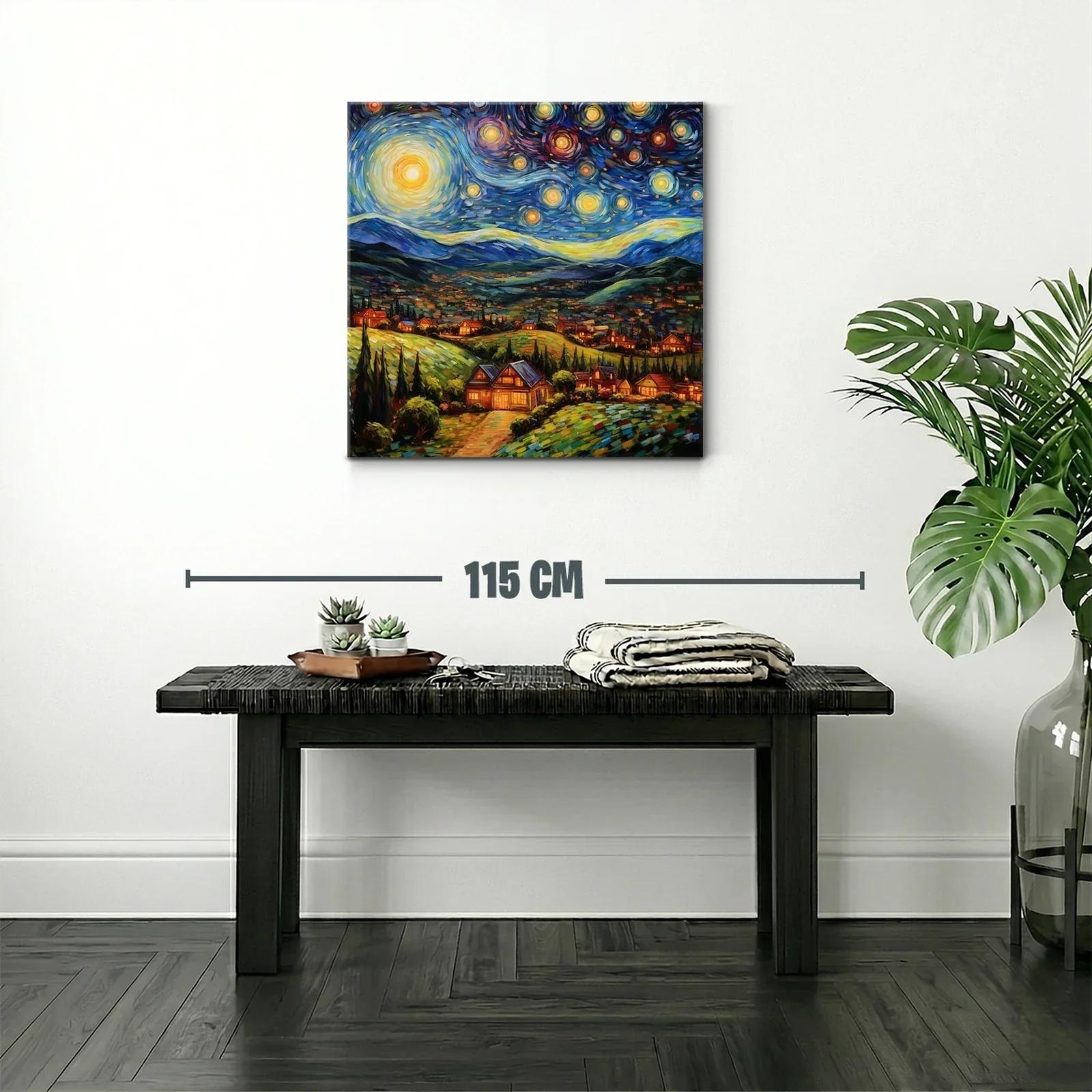 Paisaje Nocturno con Estrellas y Casas Iluminadas — miniatura 2