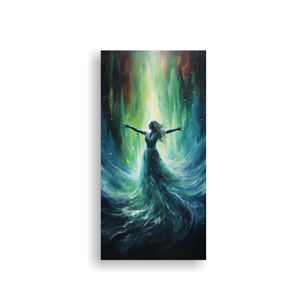 Cuadro mujer con vestido fluido y columna de luz — imagen principal