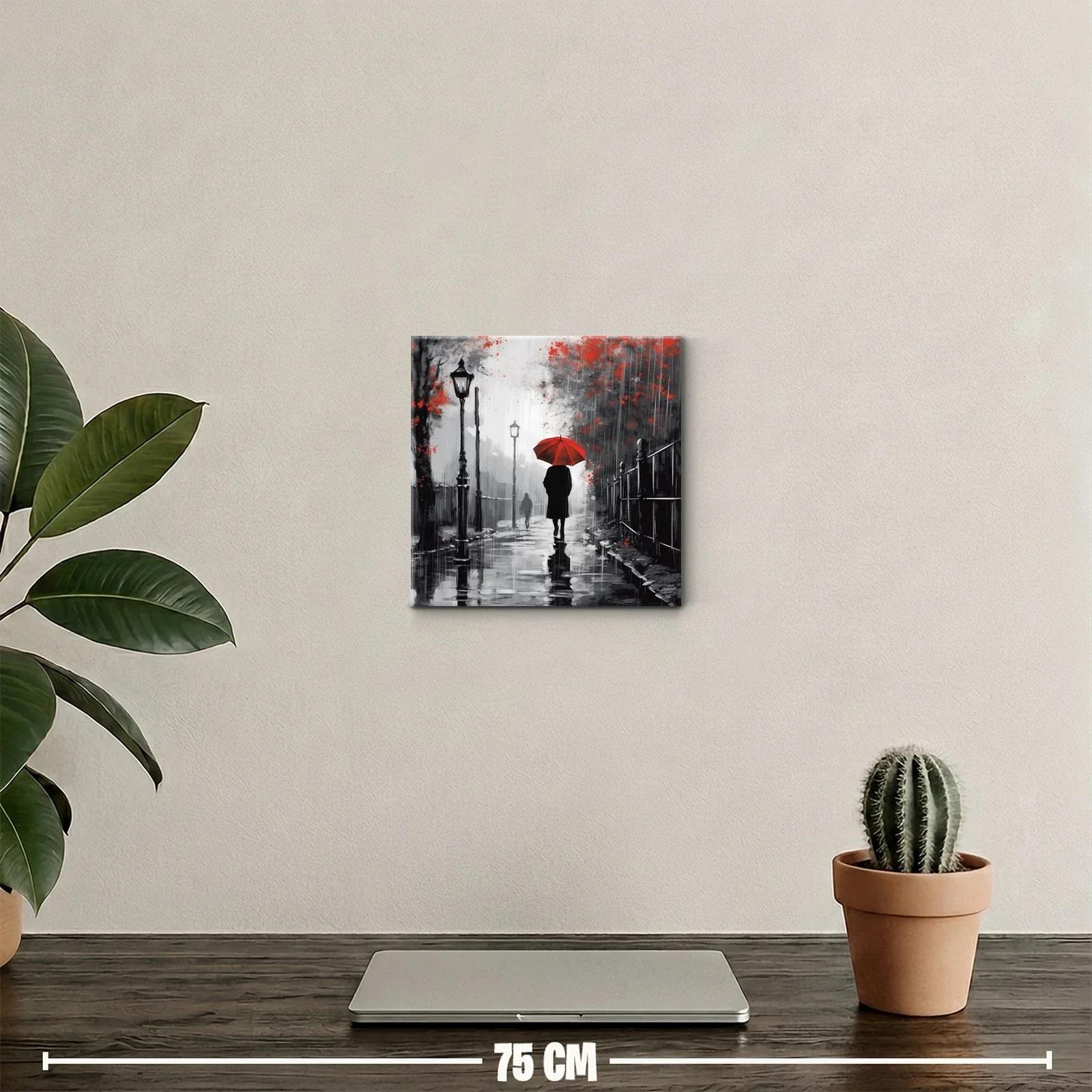 Camino bajo la lluvia con paraguas rojo brillante — miniatura 2