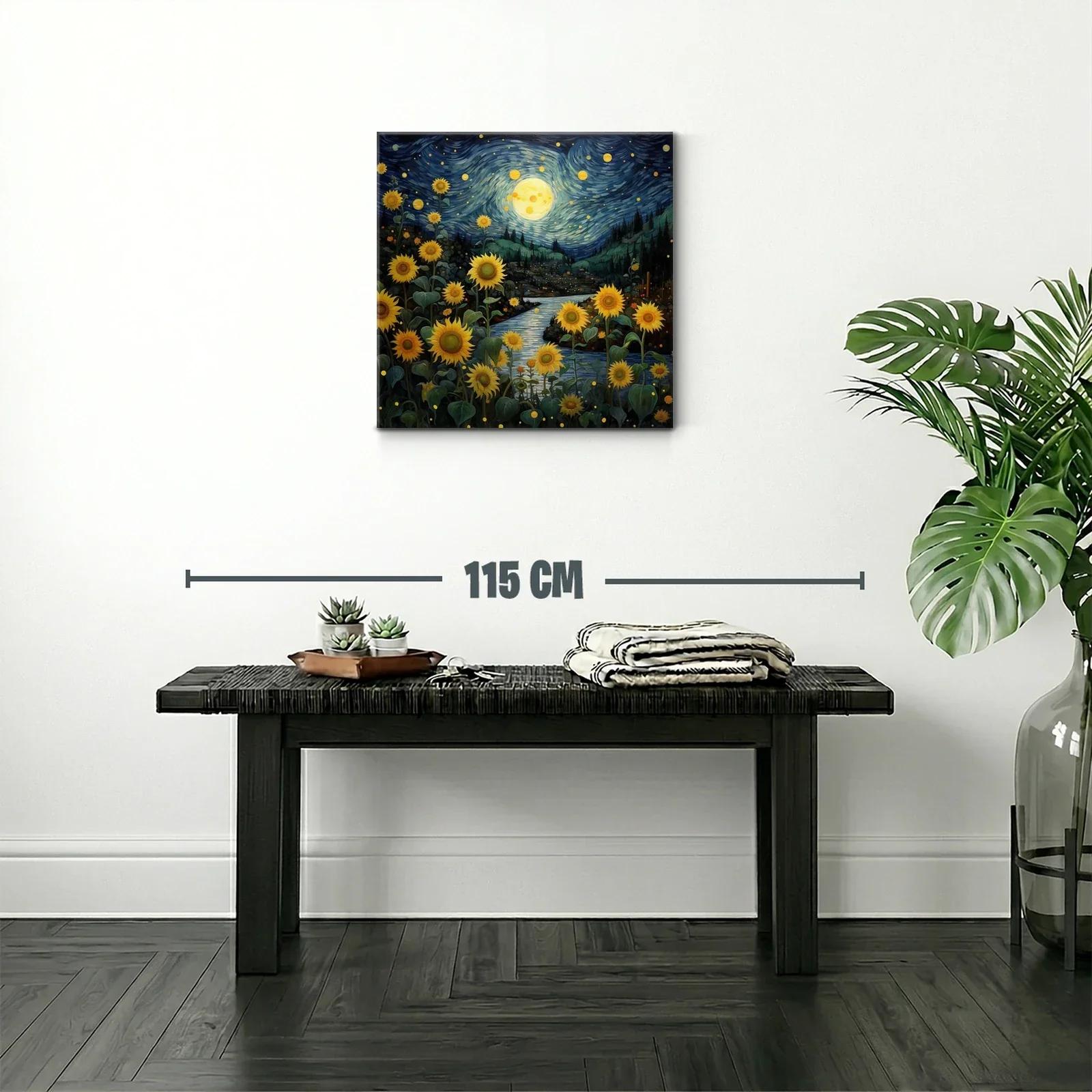 Campo de girasoles bajo un cielo estrellado y la luna llena — miniatura 2