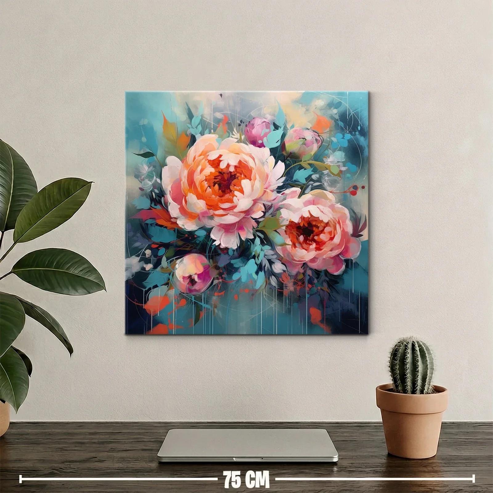 Cuadro floral con vibrantes peonías en tonos cálidos y fríos — miniatura 2