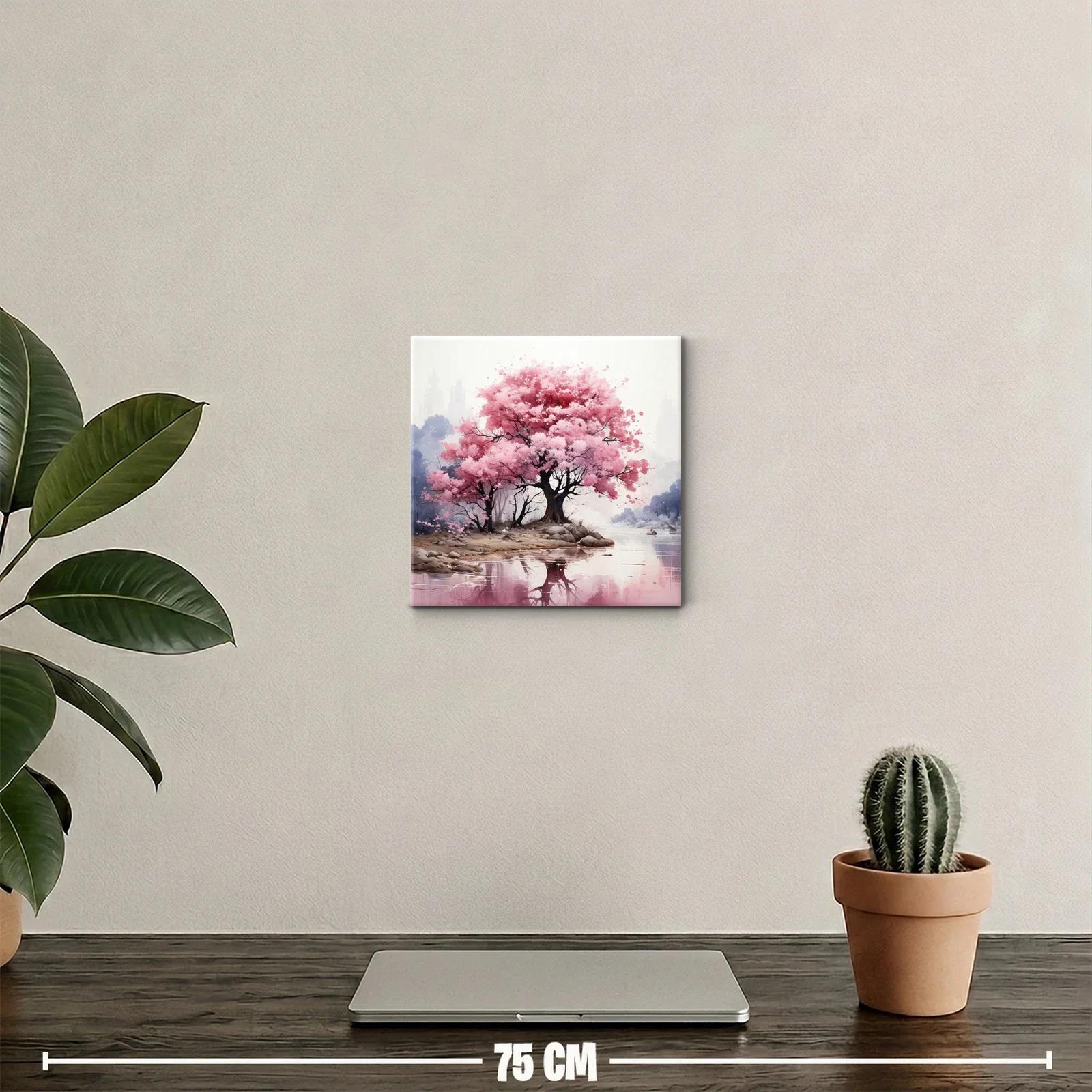 Paisaje sereno con árboles en flor y reflejo en agua — miniatura 2