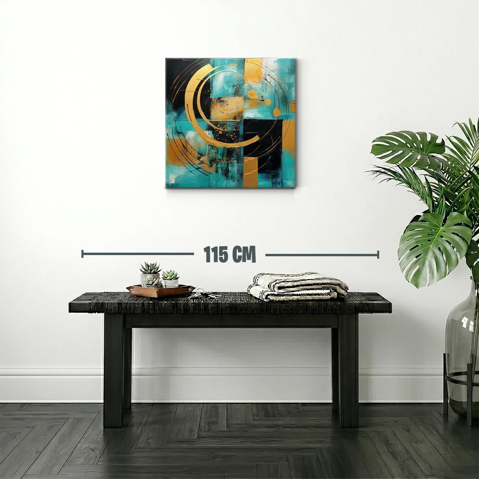 Cuadro abstracto con círculos dorados sobre fondo turquesa y negro — miniatura 2