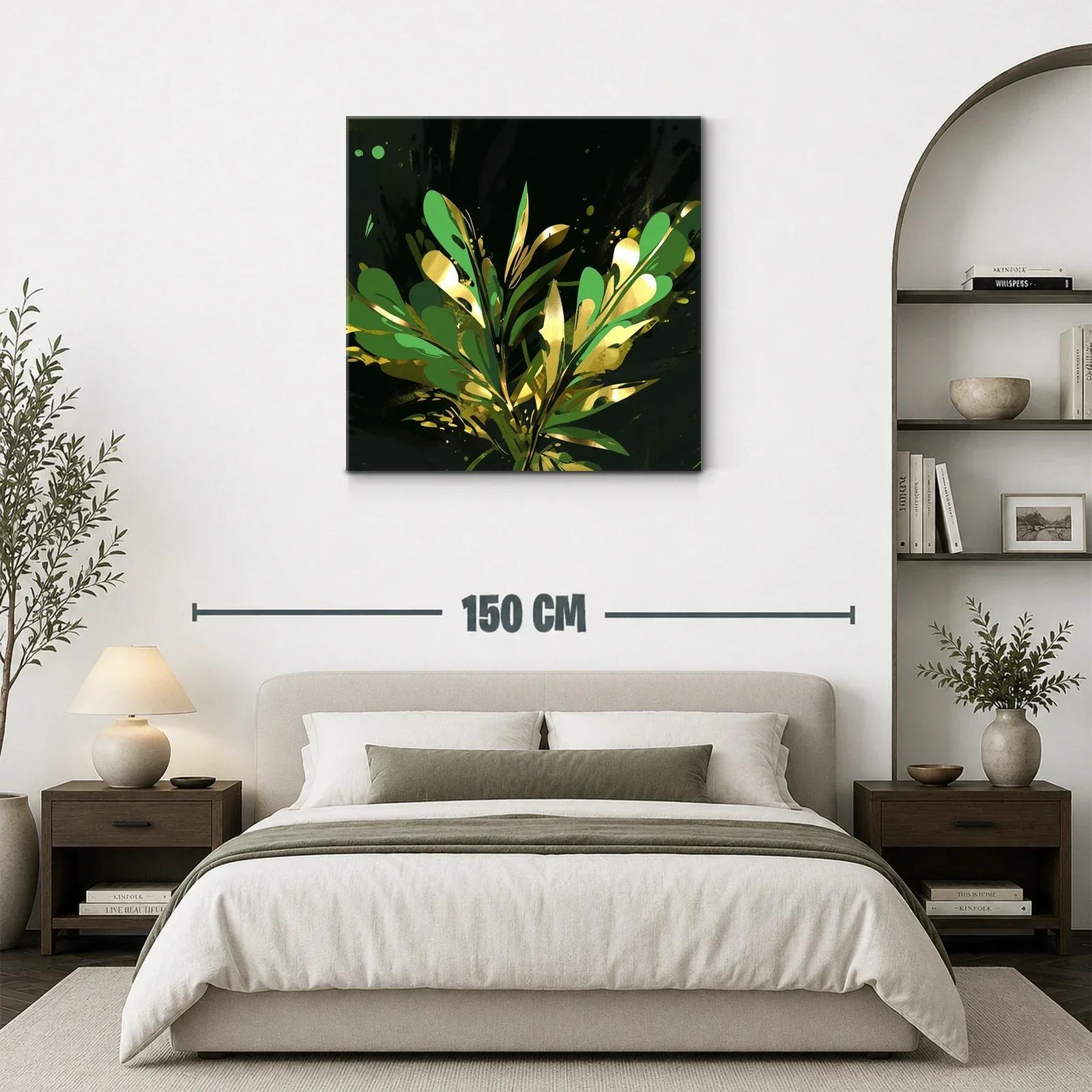 Cuadro abstracto con motivos vegetales dorados y verdes — miniatura 3