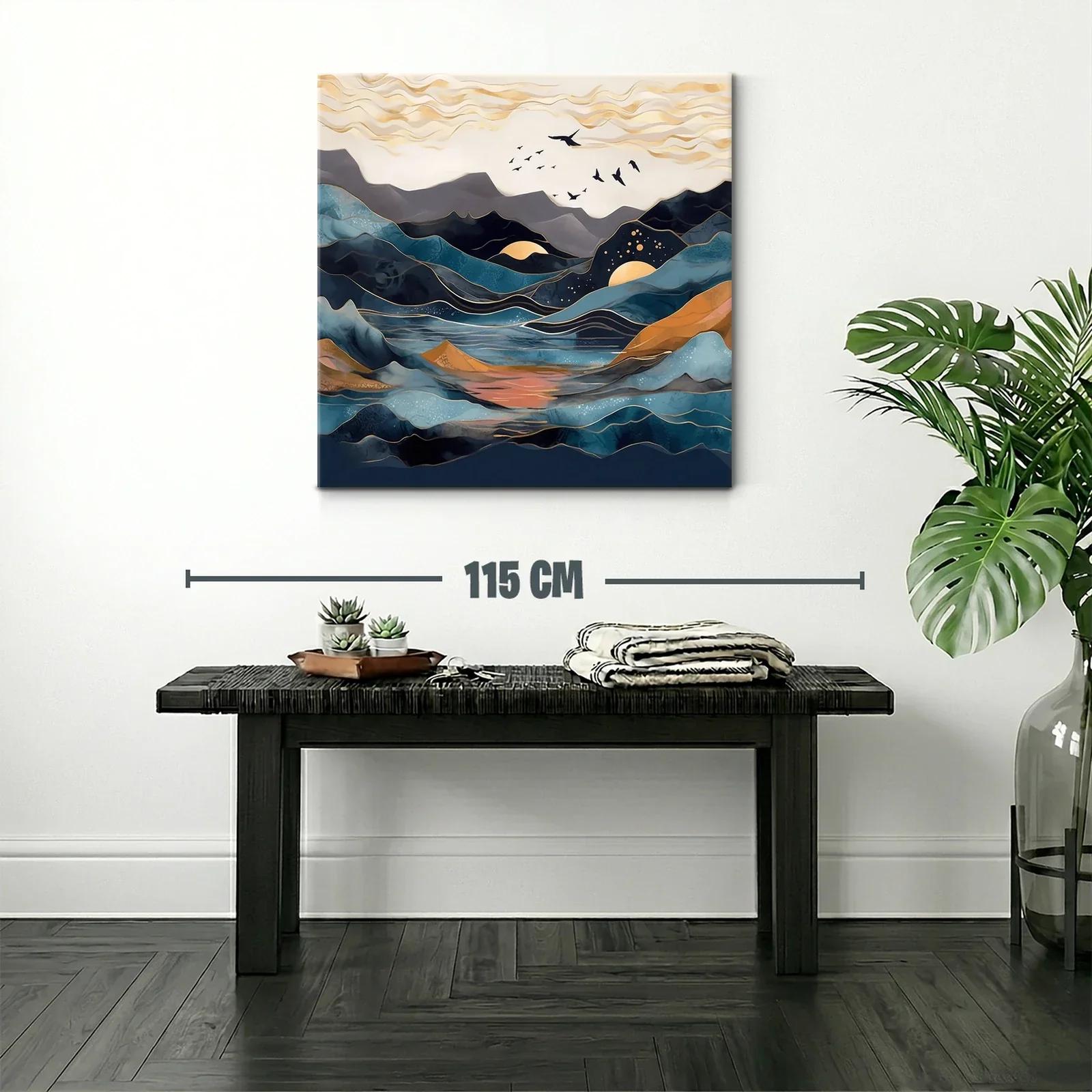 Paisaje abstracto con montañas y aves en tonos azules y dorados — miniatura 2