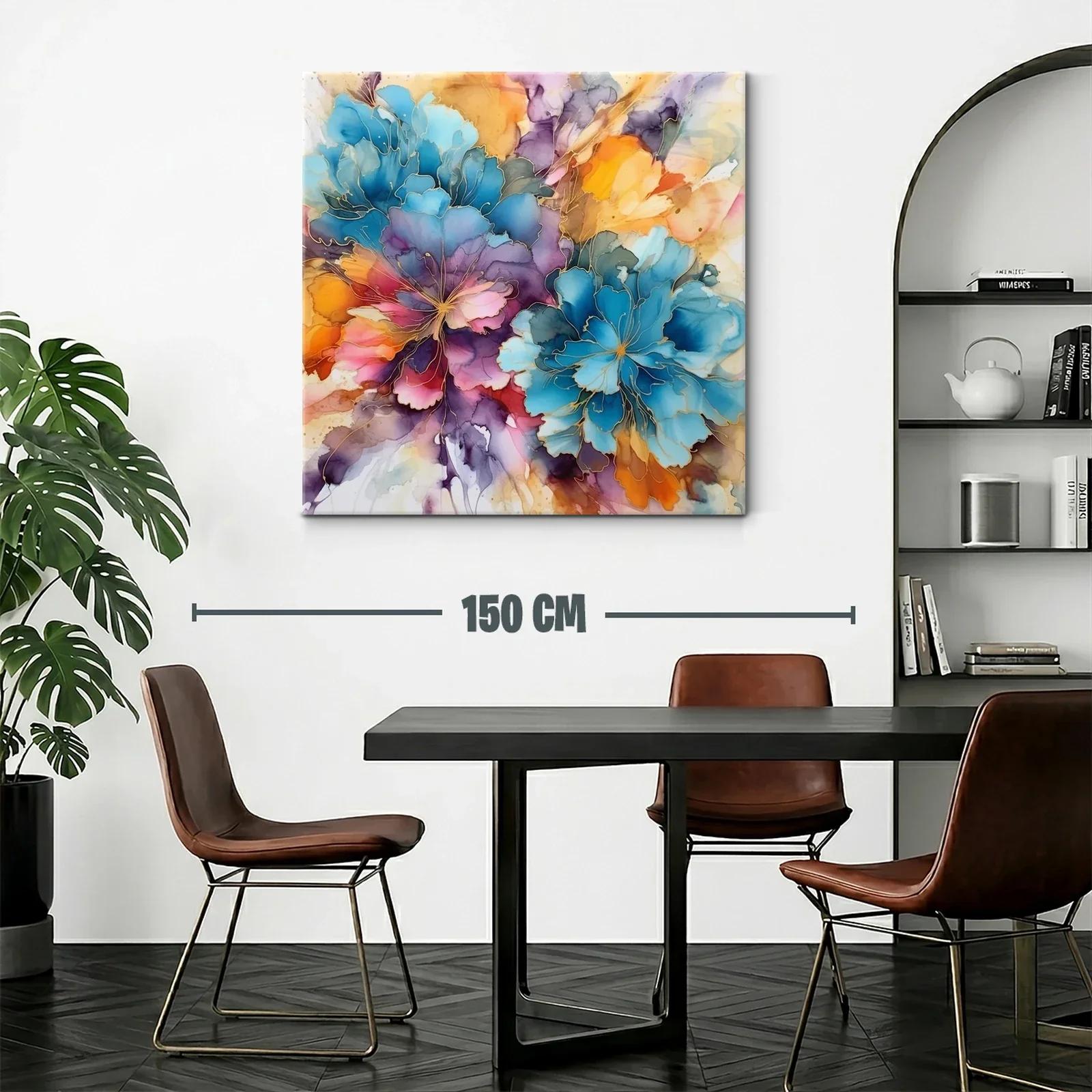 Cuadro floral abstracto en vibrantes tonos azul y naranja — miniatura 2