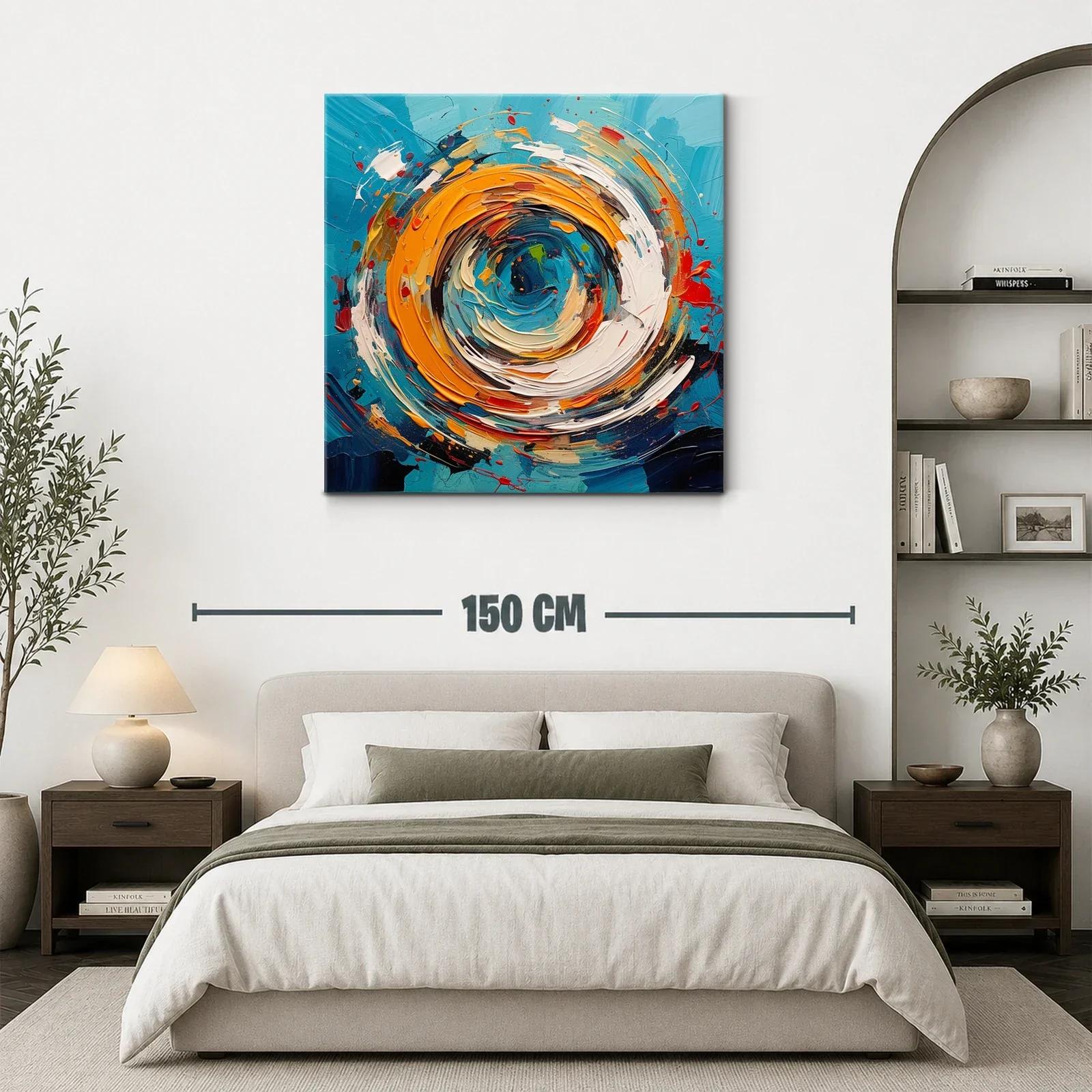 Cuadro abstracto con remolino en tonos azules y naranjas vivos — miniatura 3