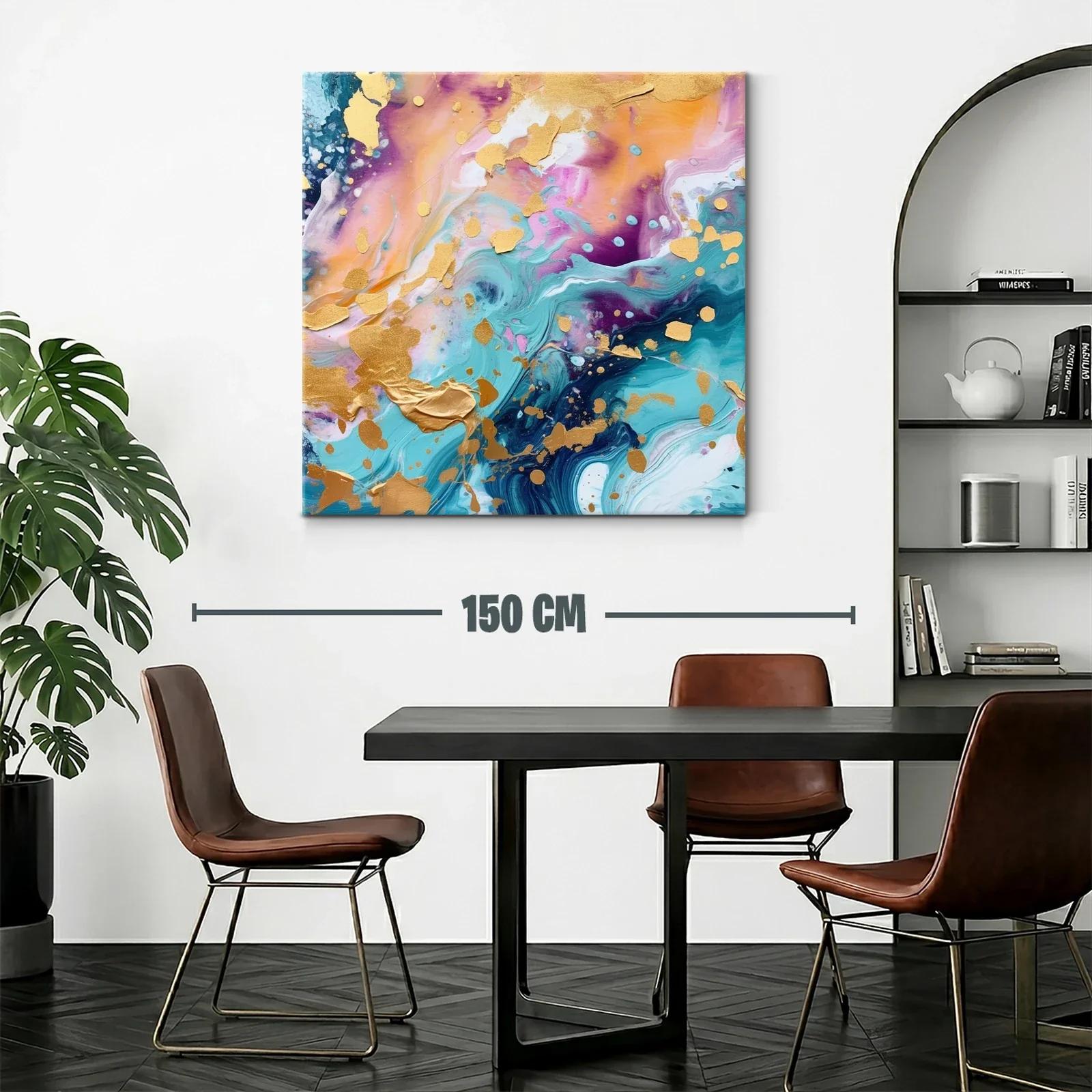 Cuadro abstracto con tonos dorados y vibrantes azules — miniatura 2