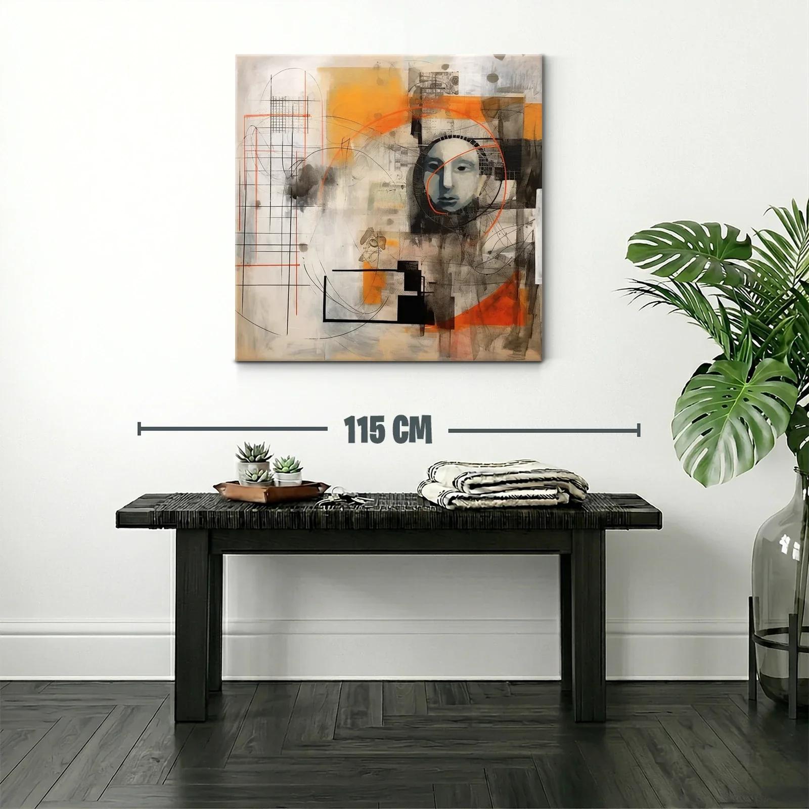 Cuadro abstracto con rostro y formas geométricas naranja y negro — miniatura 2