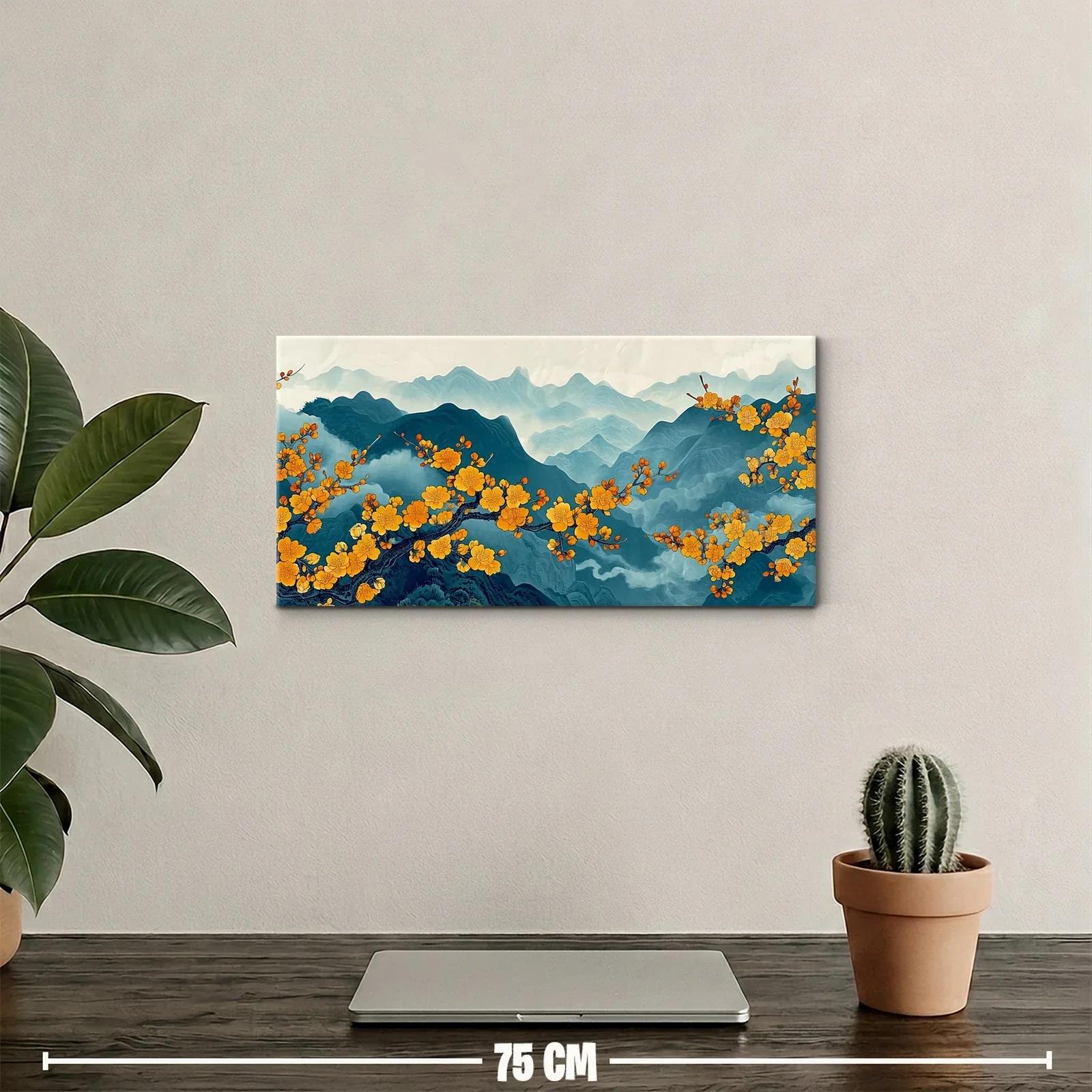 Cuadro rama de flores amarillas con bruma y montañas azules — miniatura 2