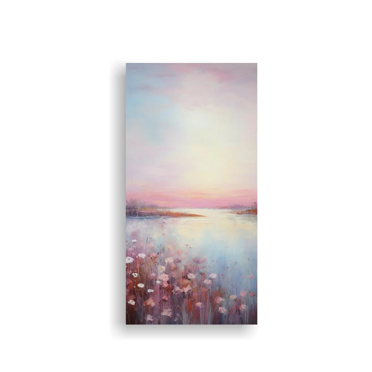 Cuadro paisaje de lago al amanecer con flores silvestres — imagen principal