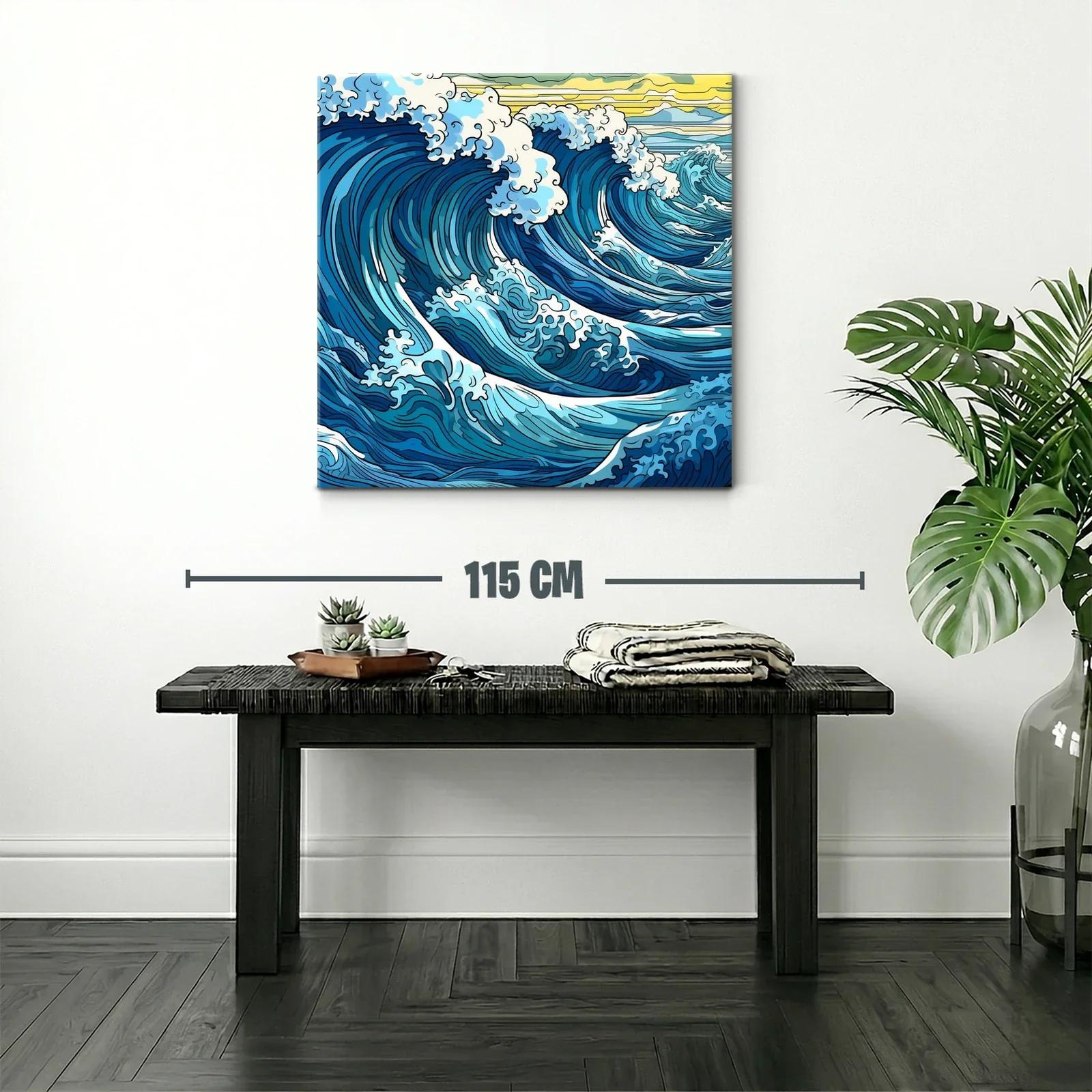 Vibrantes olas azules con espuma blanca y cielo amarillo — miniatura 2