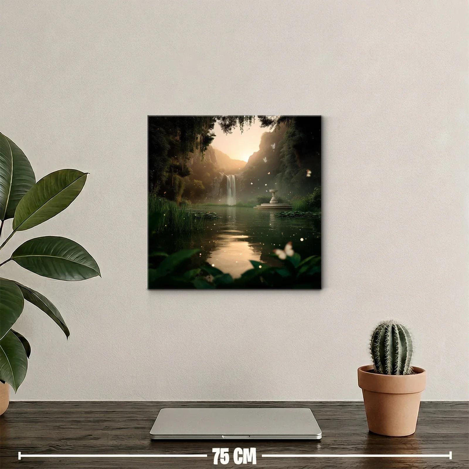 Paisaje místico con cascada y mariposas al atardecer — miniatura 2