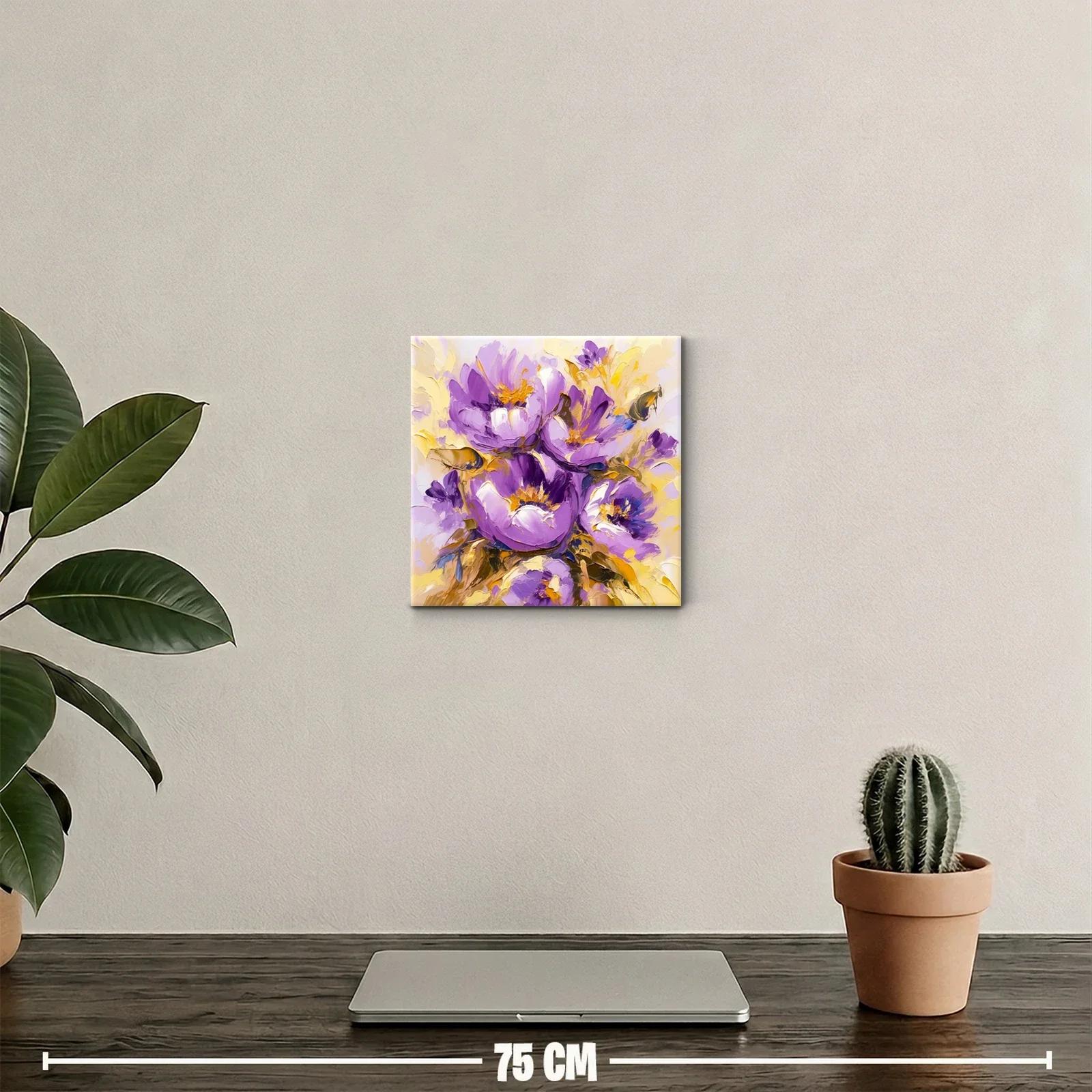 Cuadro floral vibrante en tonos morados y amarillos energéticos — miniatura 2