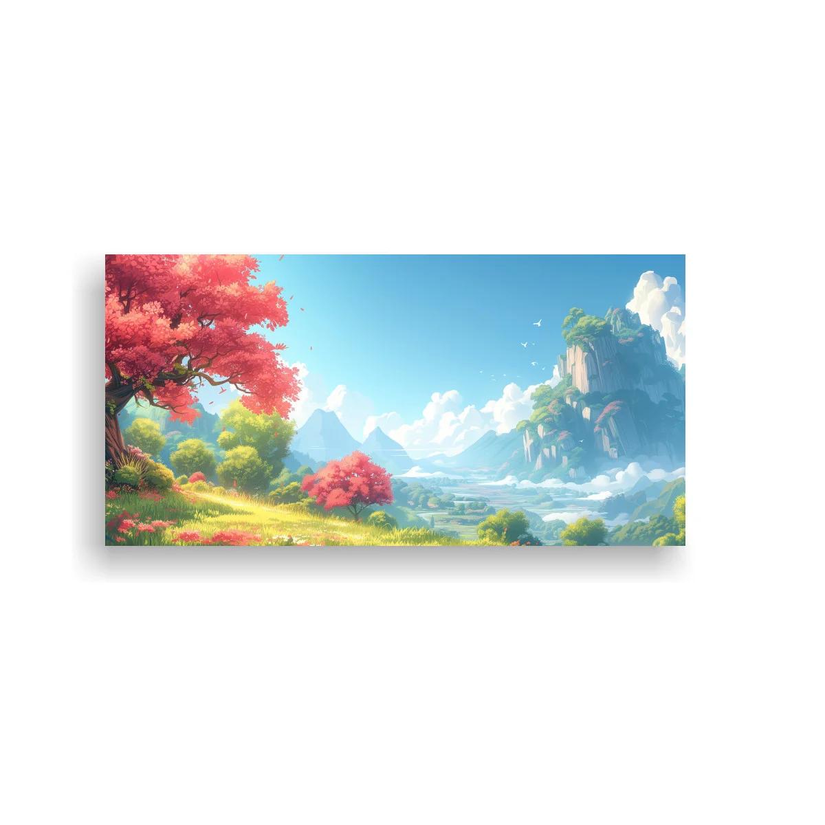 Cuadro paisaje de montaña fantástica con pradera verde y árbol rosado — imagen principal