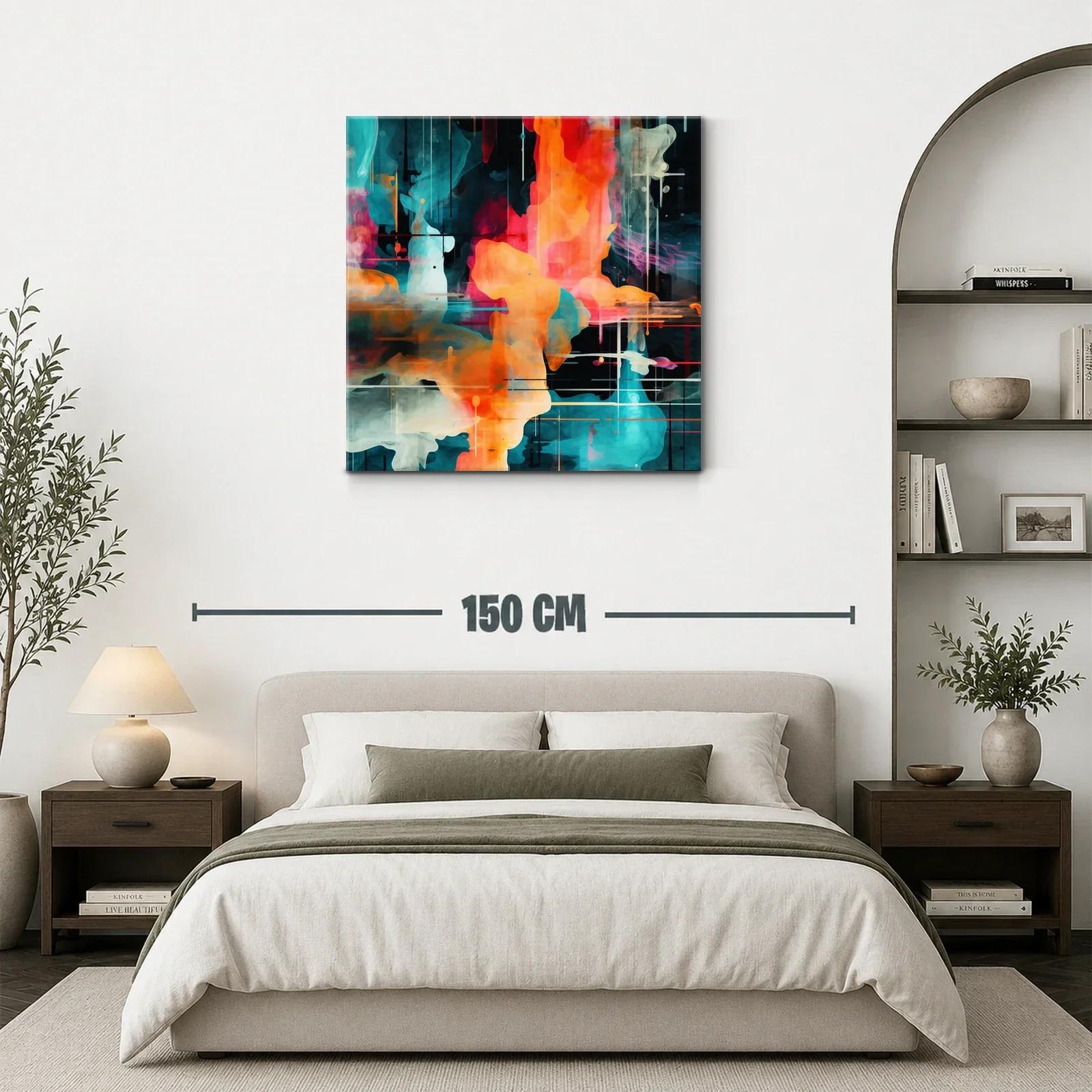 Cuadro abstracto en tonos vibrantes con formas fluidas y líneas sutiles — miniatura 3