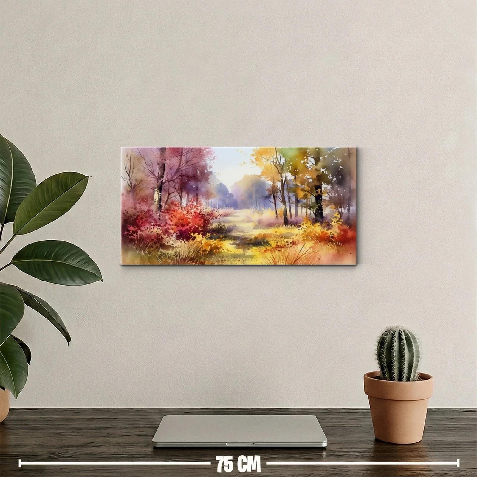 Cuadro paisaje otoñal con abertura luminosa y matorrales rojizos — miniatura 2