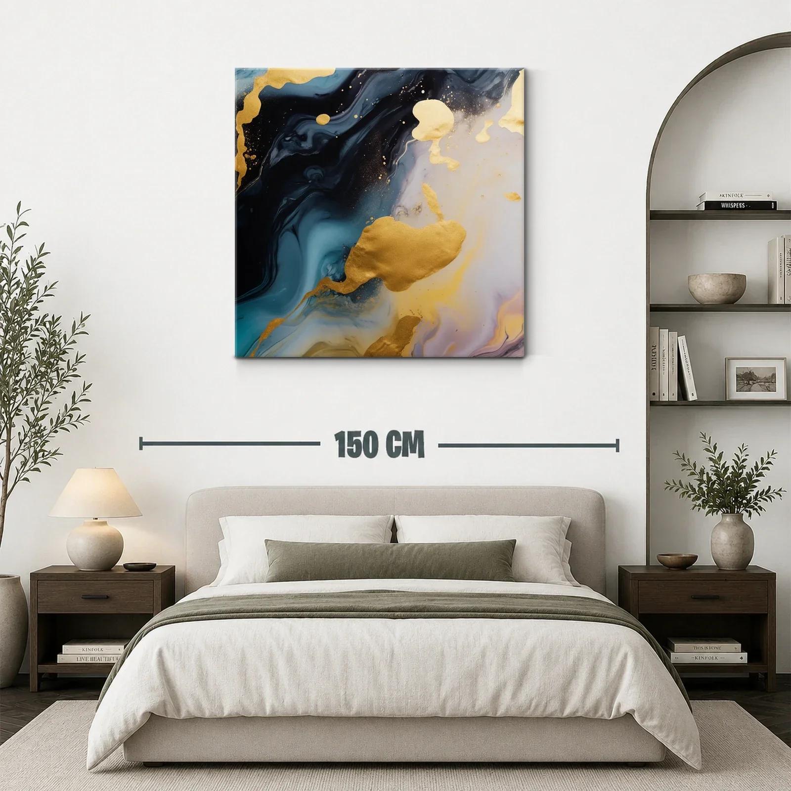 Cuadro abstracto con destellos dorados y tonos profundo azul — miniatura 3