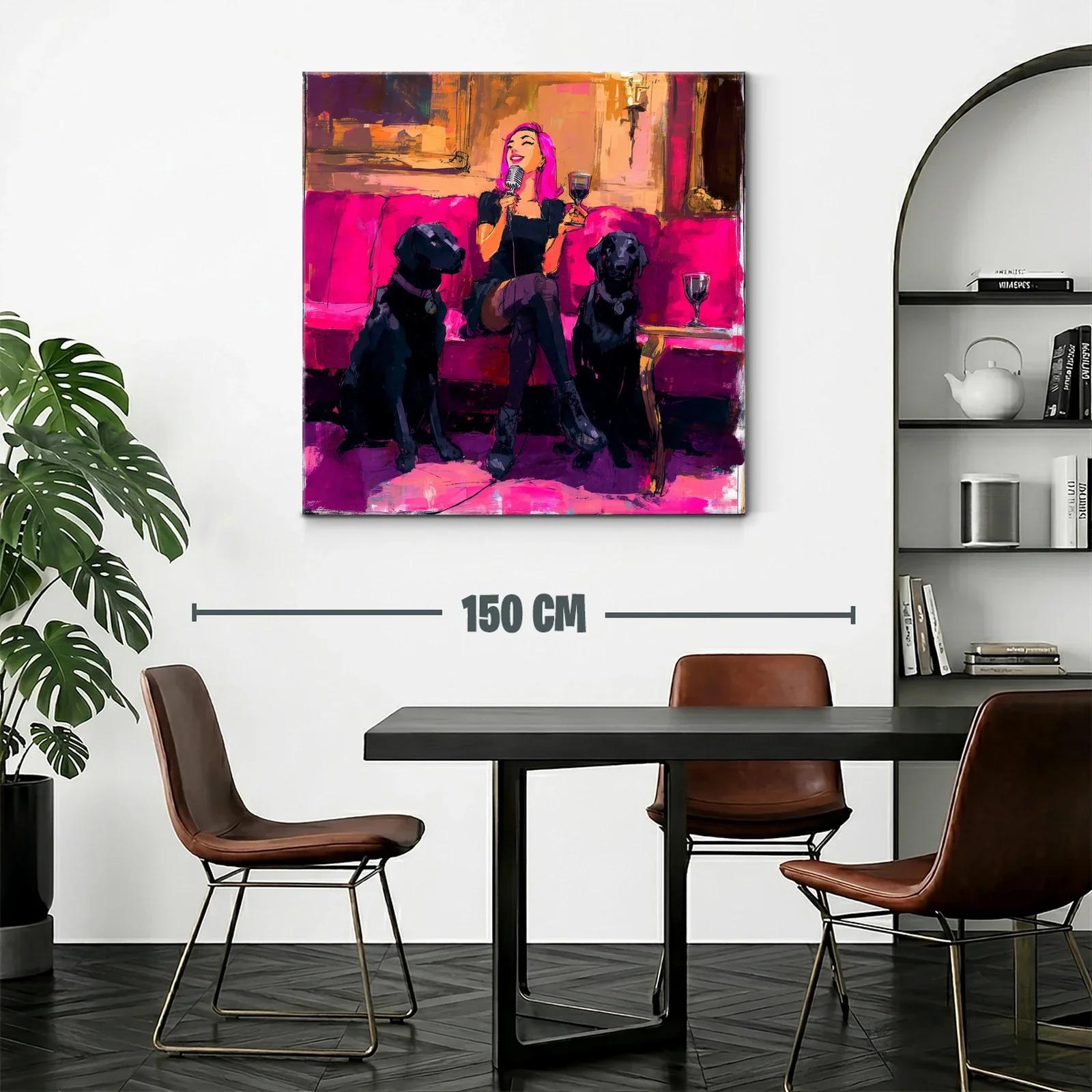 Divertida escena nocturna con mujer y perros en tonos fucsia — miniatura 2