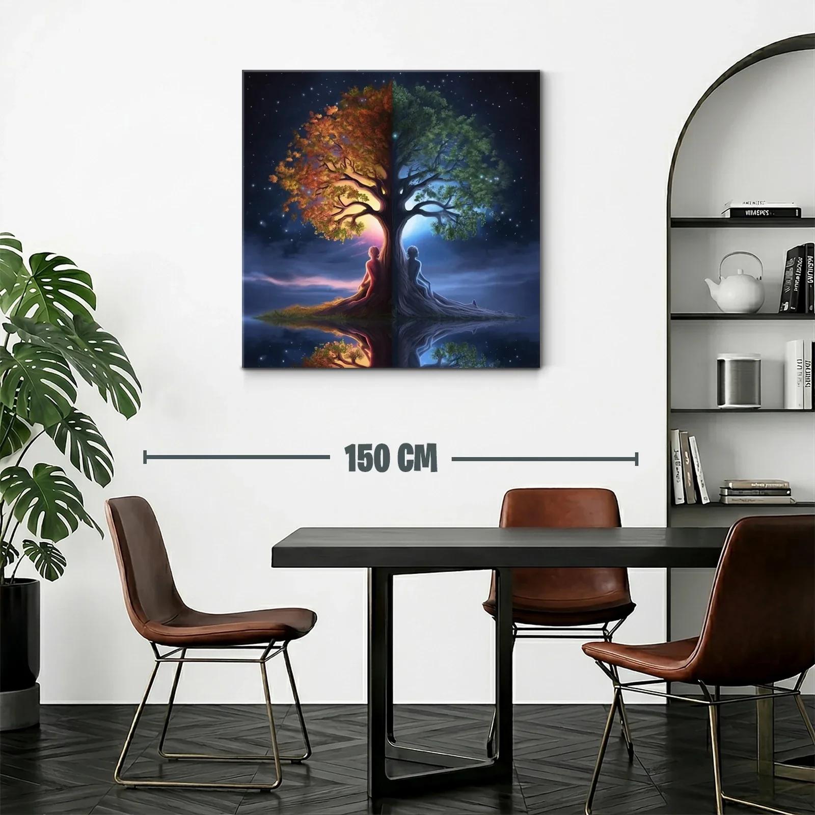 Cuadro árbol dual con figuras humanas y contraste día noche — miniatura 2