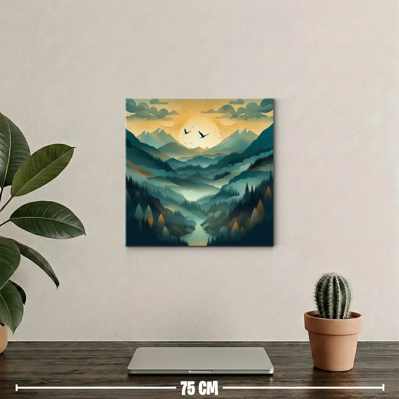 Paisaje de montañas con amanecer y vuelo de aves — miniatura 2