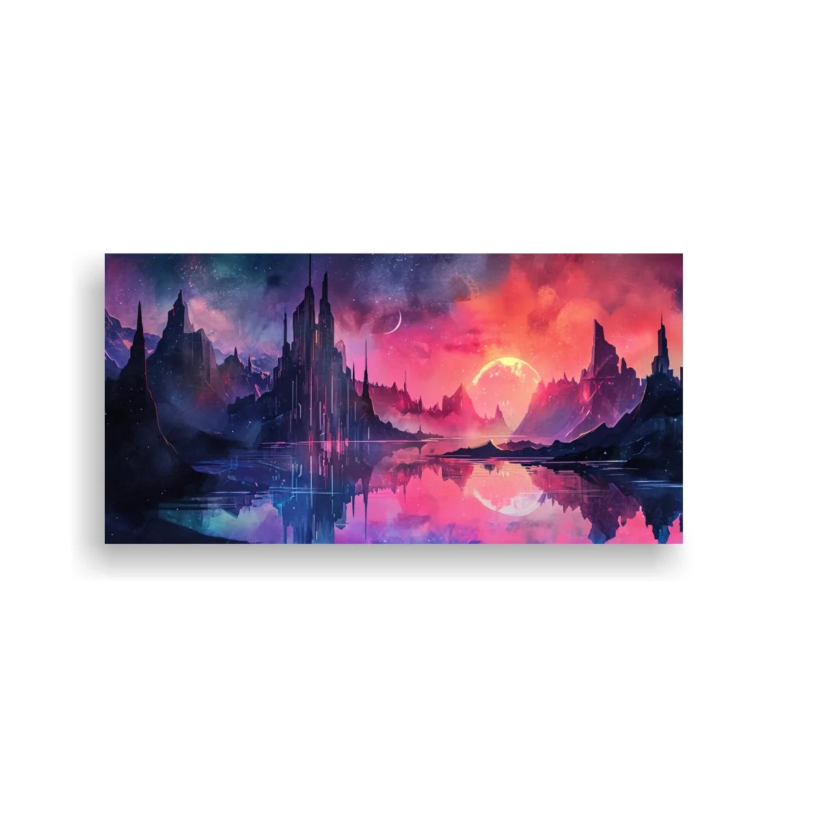 Cuadro paisaje fantástico con castillos reflejados en el agua — imagen principal