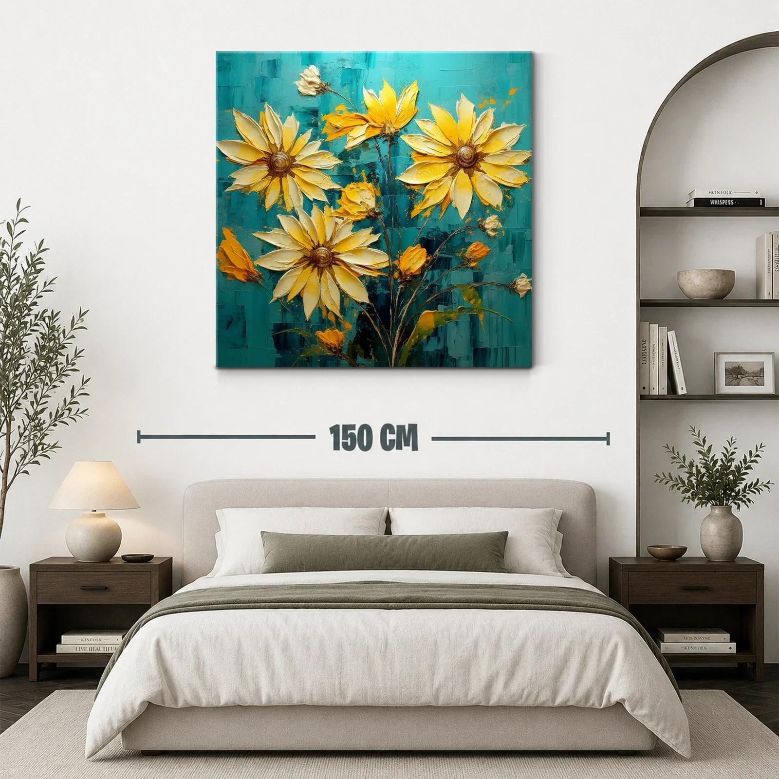 Cuadro con vibrantes flores amarillas sobre fondo azul — miniatura 3