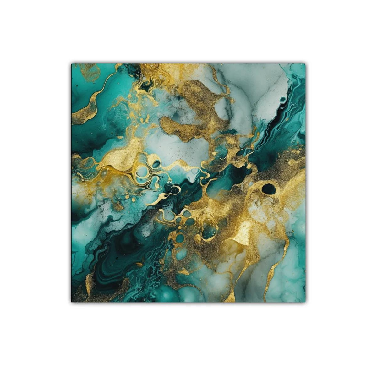 Cuadro abstracto con dorado y tonos verdes marinos vibrantes — imagen principal