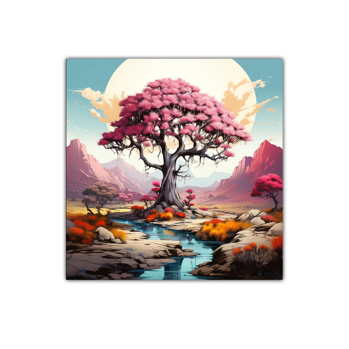 Árbol rosa en paisaje sereno con montañas al fondo — miniatura 1
