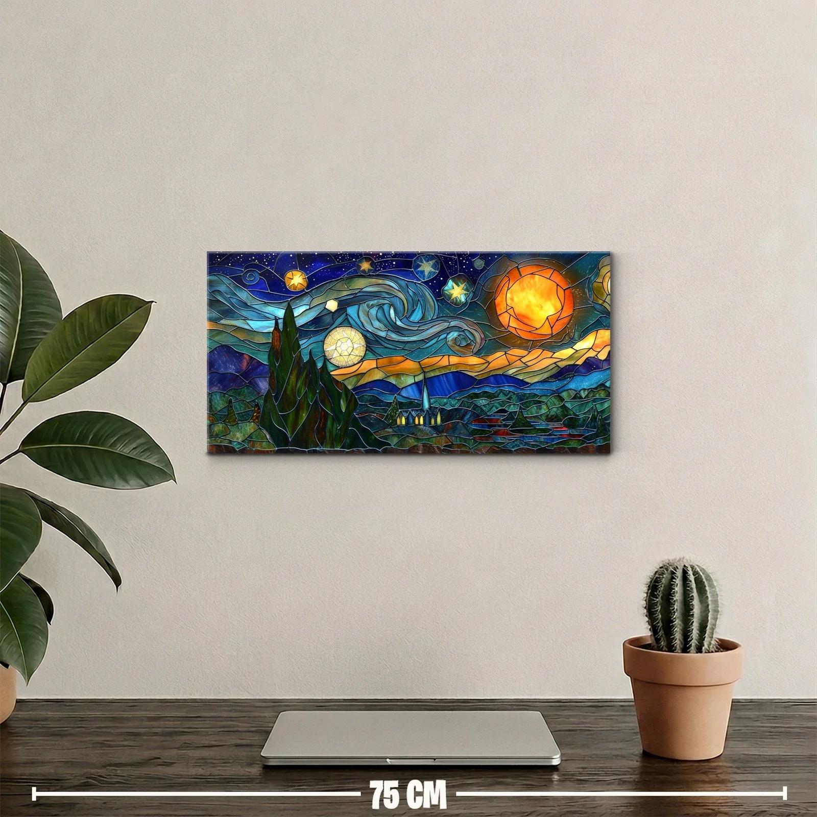 Cuadro paisaje nocturno con luna y sol y cipreses — miniatura 2