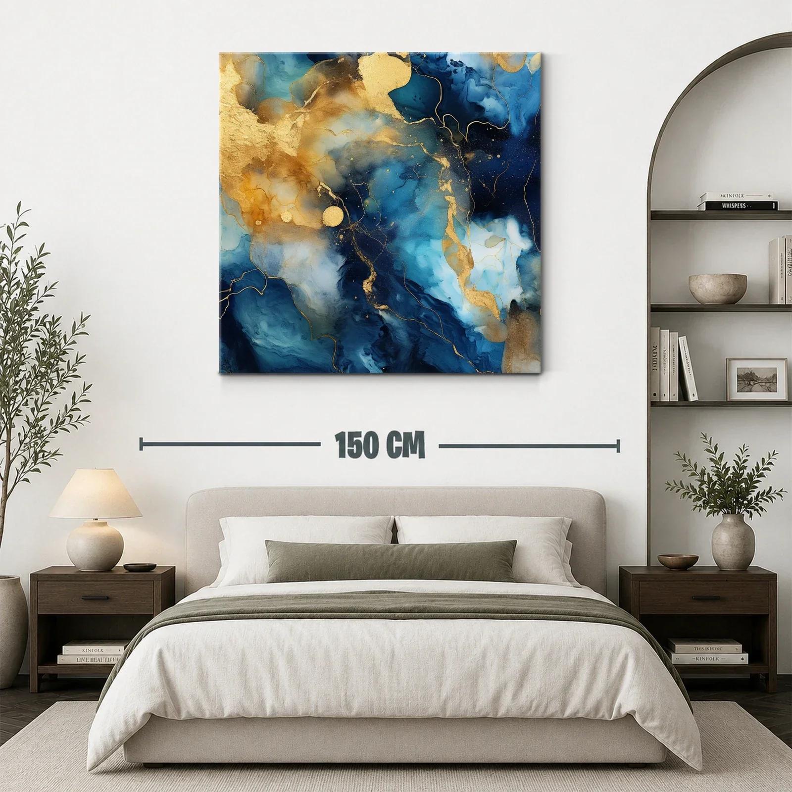 Cuadro abstracto en tonos azules y dorados con textura fluida — miniatura 3