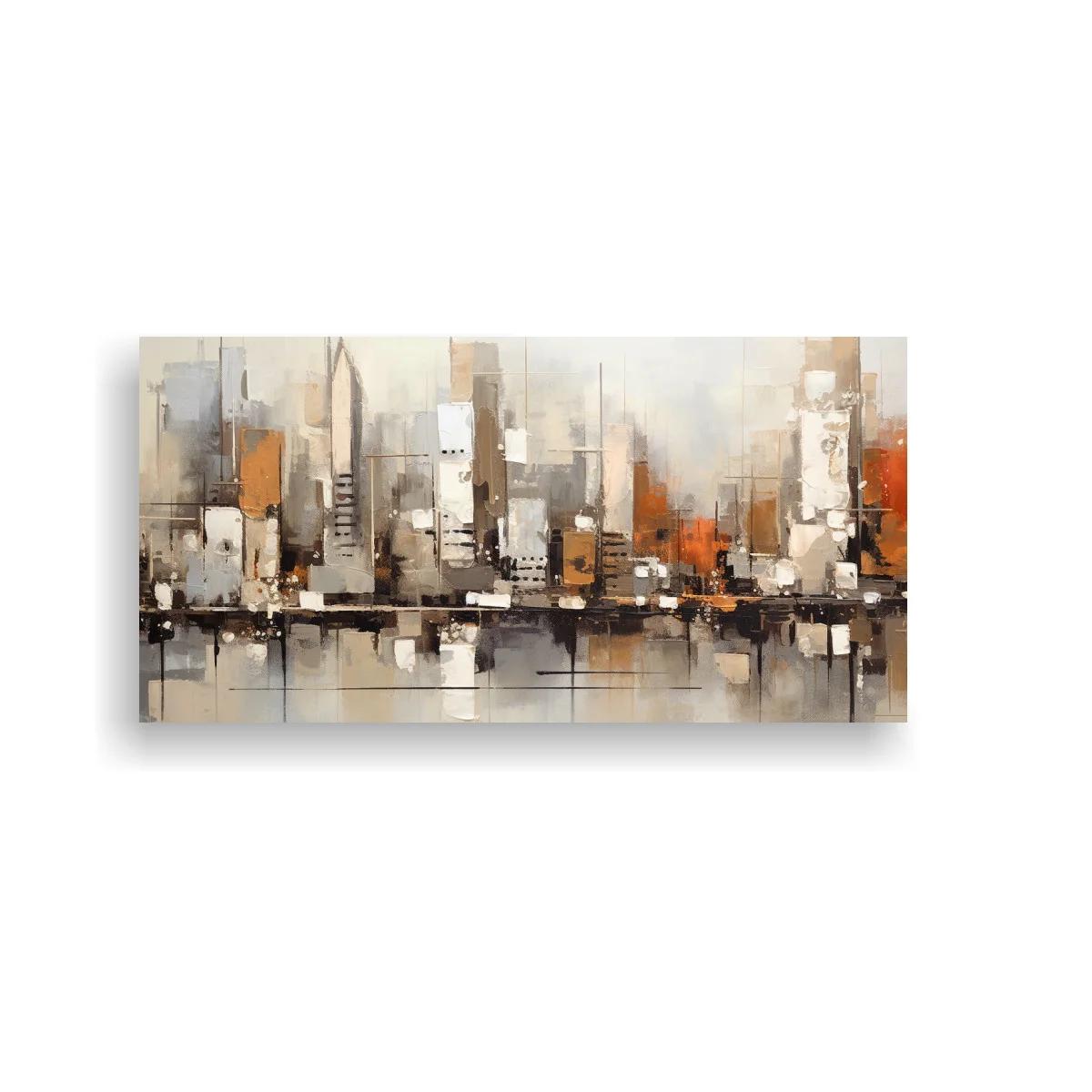 Cuadro skyline urbano abstracto con acentos naranjas