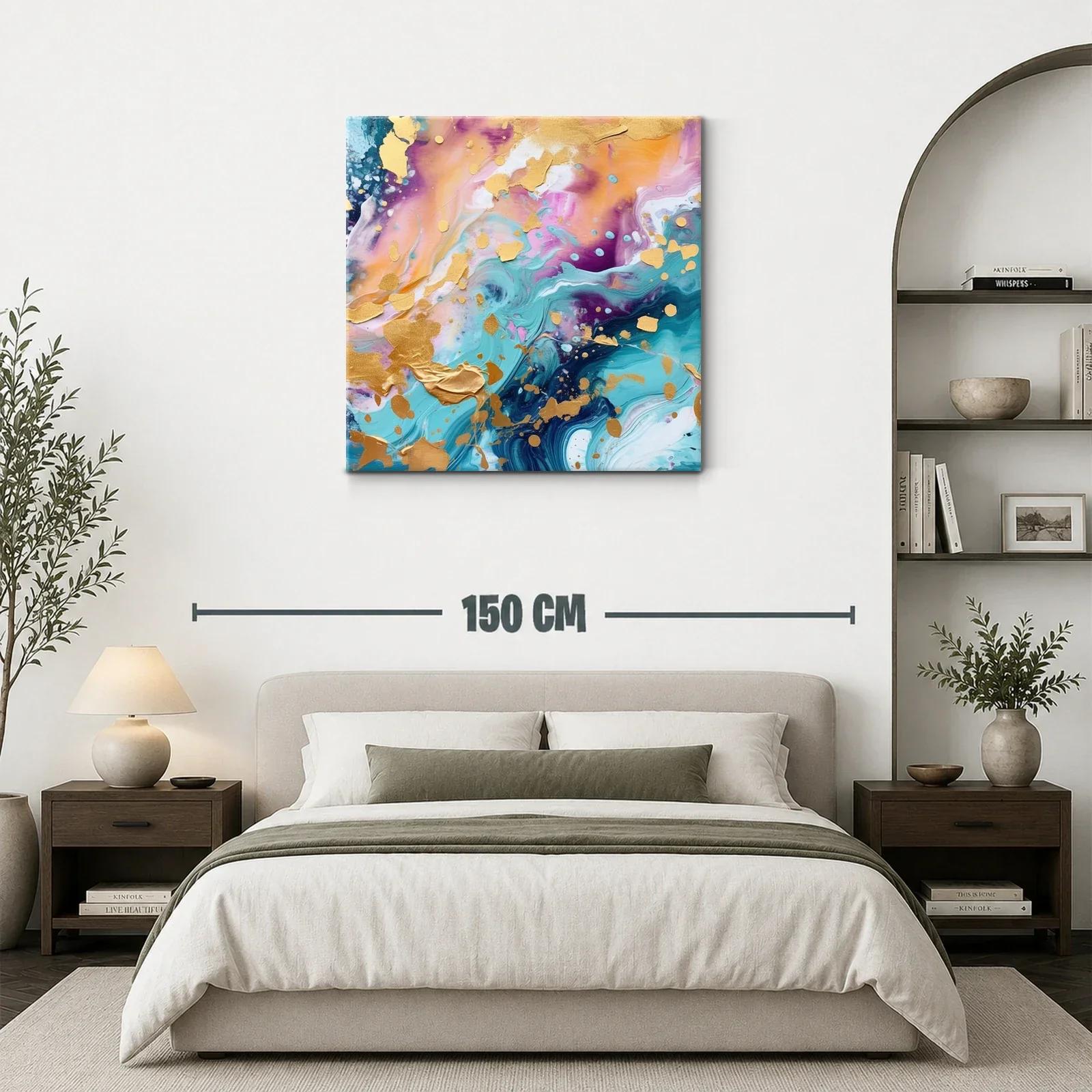 Cuadro abstracto con tonos dorados y vibrantes azules — miniatura 3
