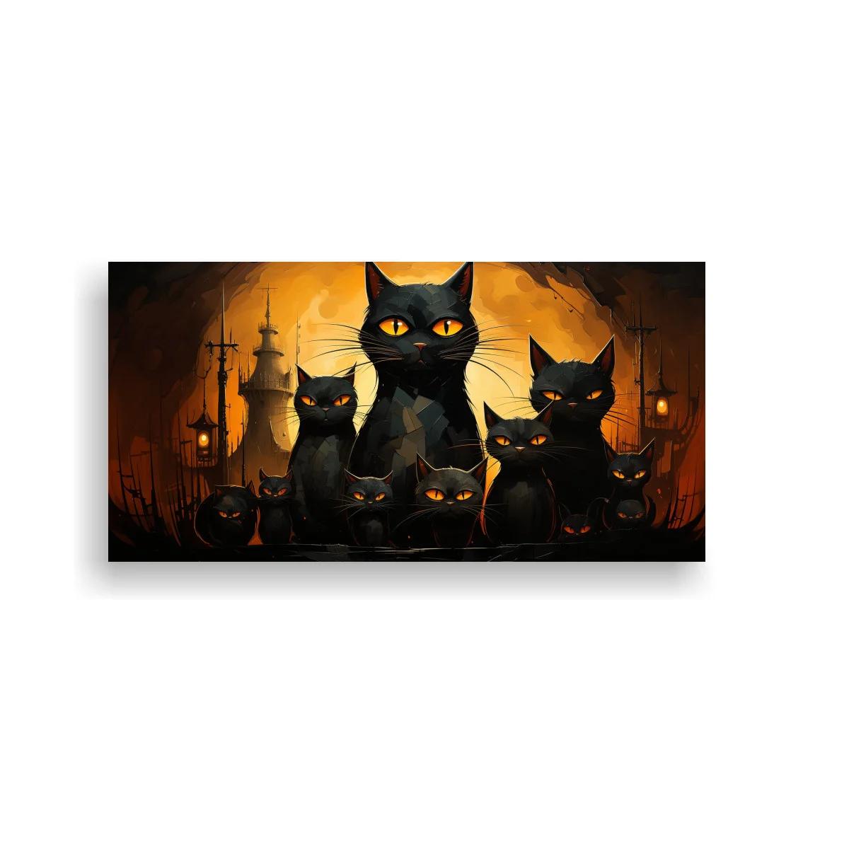 Cuadro grupo de gatos negros recortados contra un resplandor cálido — imagen principal