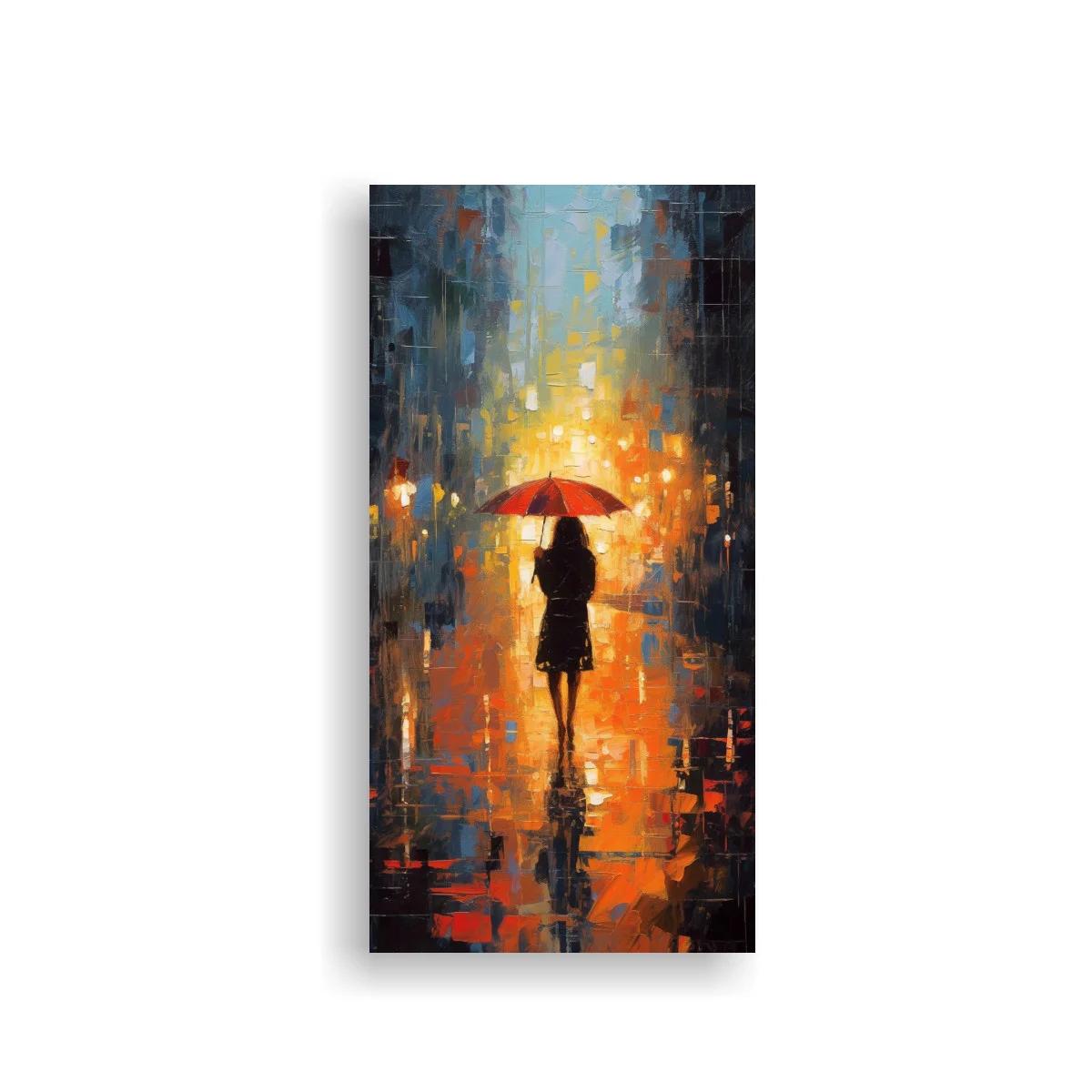 Cuadro mujer con paraguas rojo y luces cálidas — imagen principal