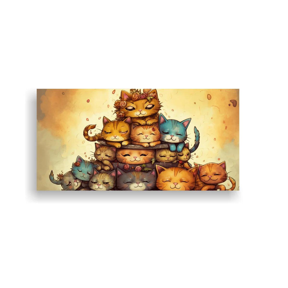 Cuadro grupo de gatos apilados con gatitos dormidos — imagen principal