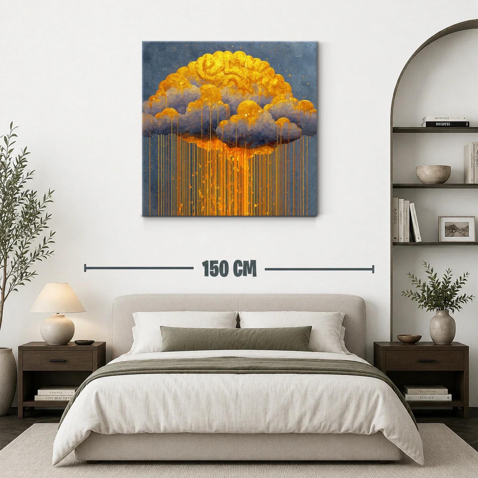 Cuadro abstracto con lluvia dorada sobre nubes grises — miniatura 3