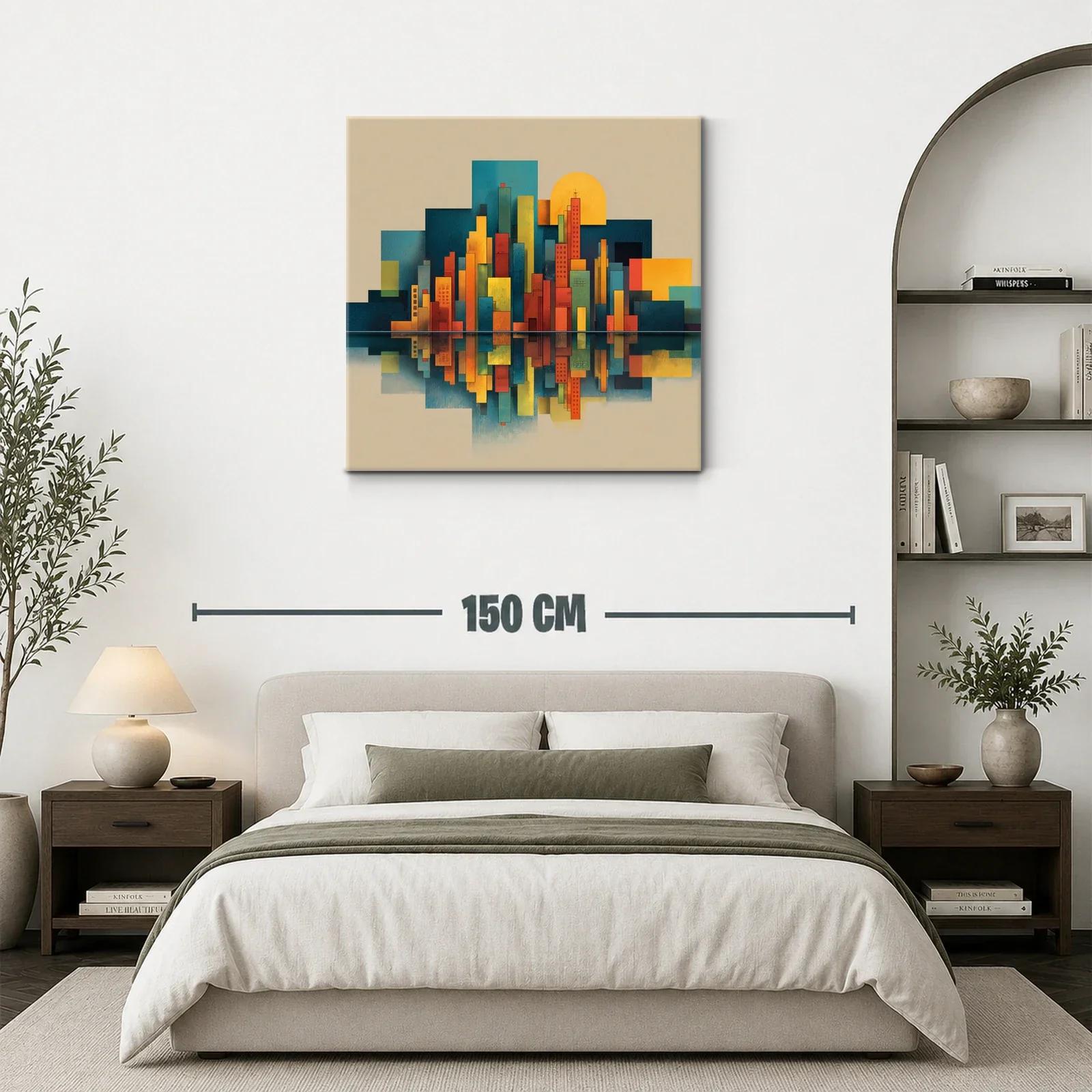 Cuadro de ciudad geométrica con reflejo al atardecer — miniatura 3