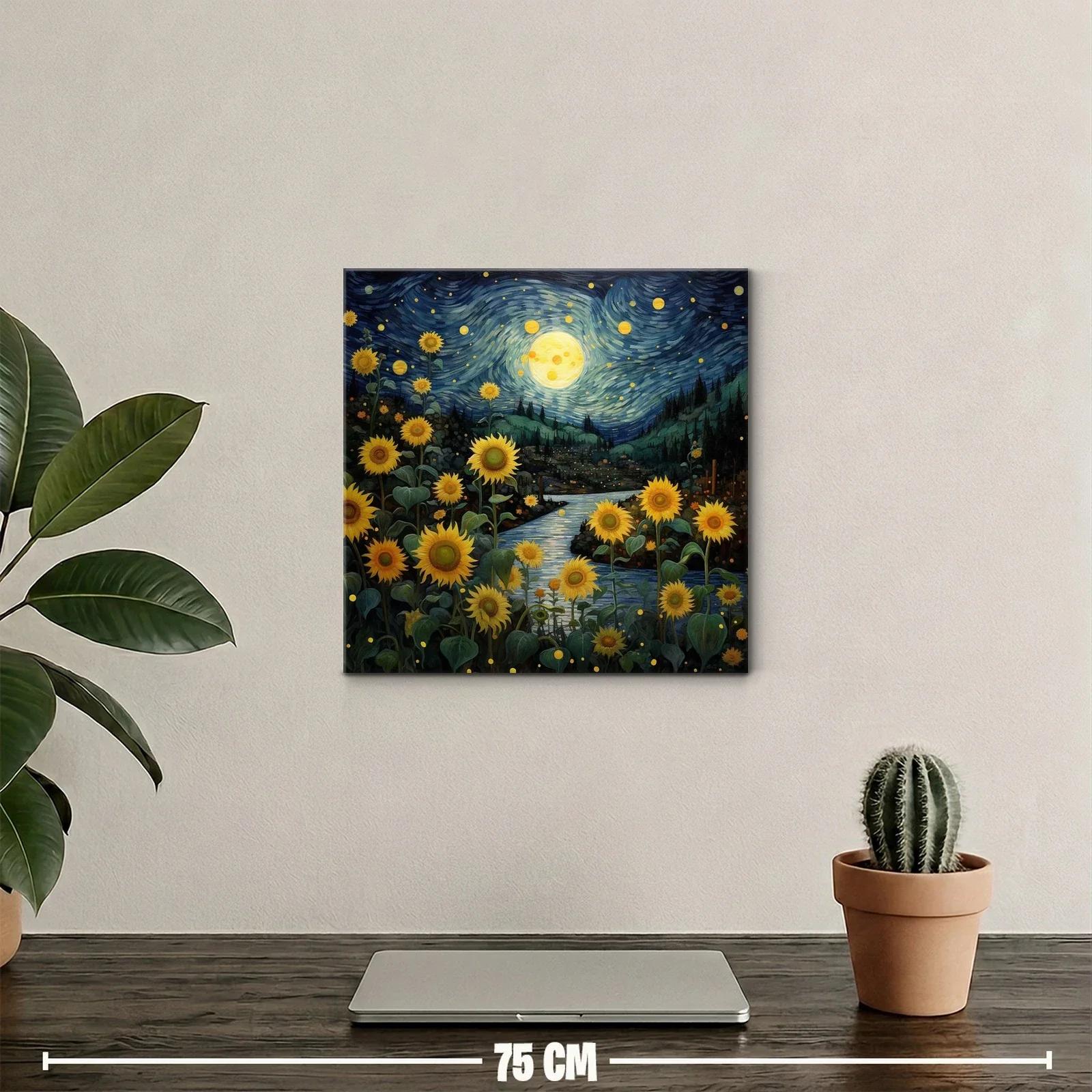 Campo de girasoles bajo un cielo estrellado y la luna llena — miniatura 2